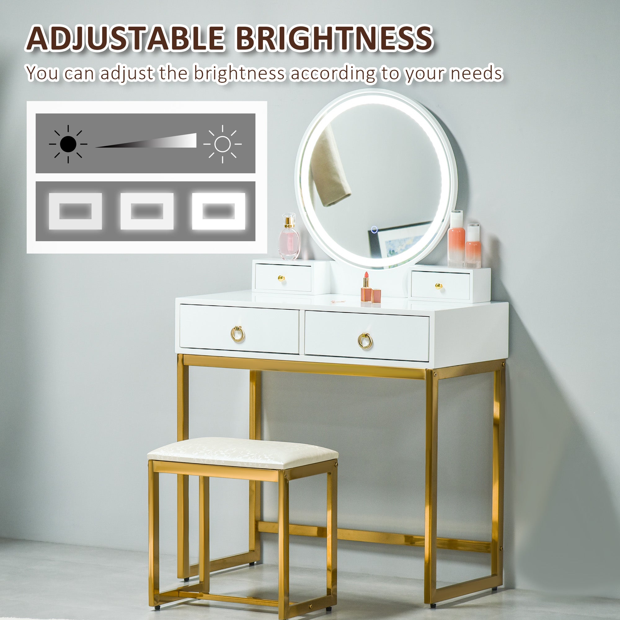 HOMCOM Vanity Table Set with Round Mirror, Makeup Dressing Table with 3-Color LED Light, 4 Drawers, Cushioned Stool for Bedroom, White