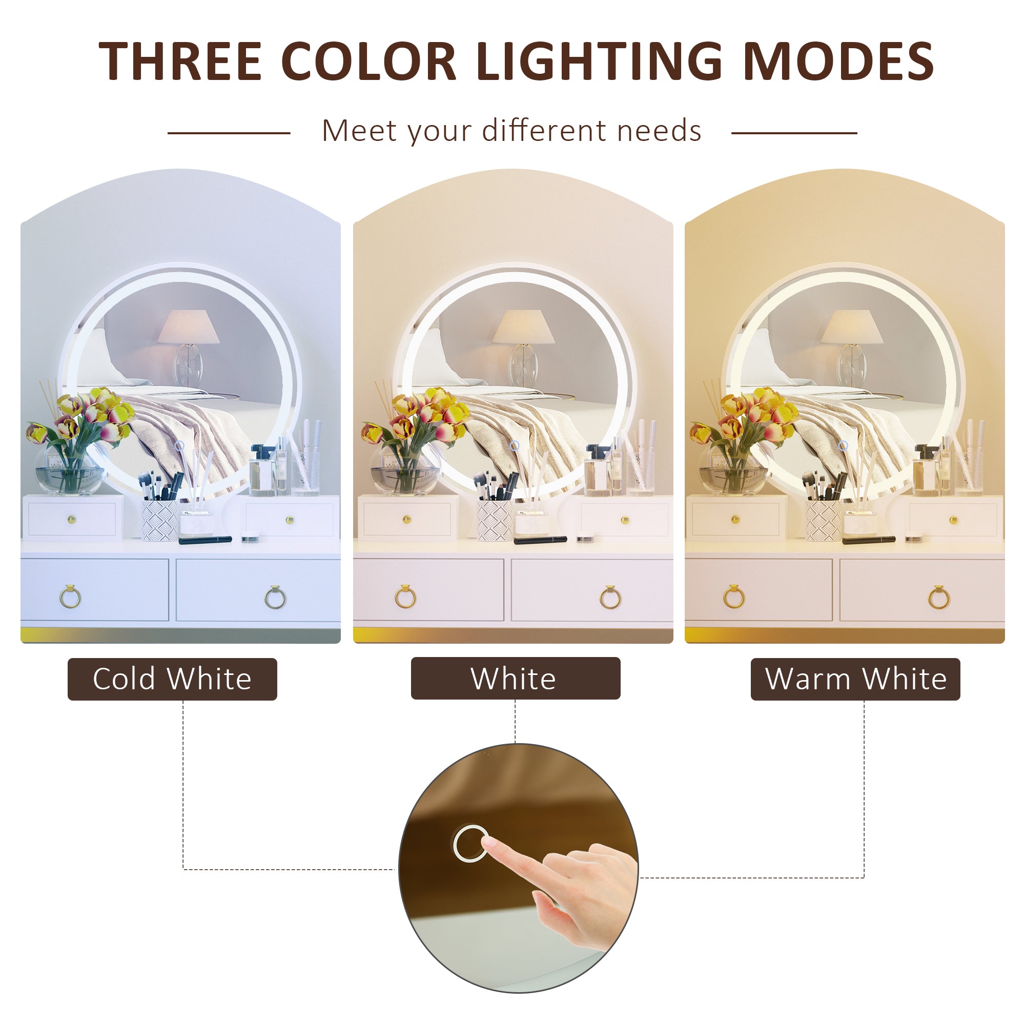 HOMCOM Vanity Table Set with Round Mirror, Makeup Dressing Table with 3-Color LED Light, 4 Drawers, Cushioned Stool for Bedroom, White