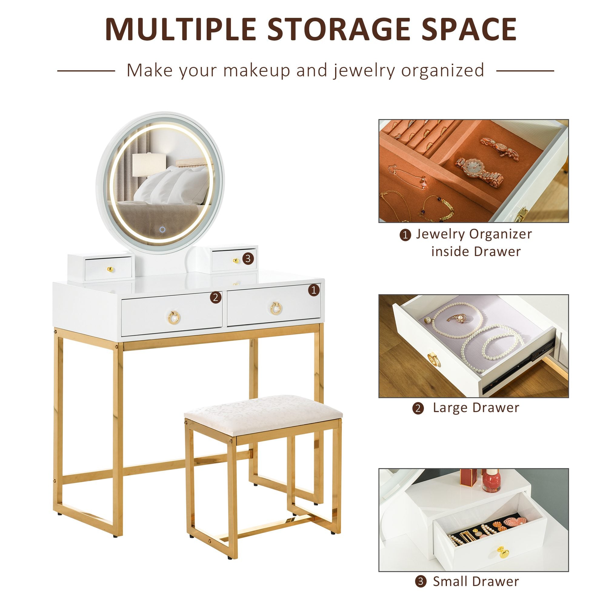 HOMCOM Vanity Table Set with Round Mirror, Makeup Dressing Table with 3-Color LED Light, 4 Drawers, Cushioned Stool for Bedroom, White