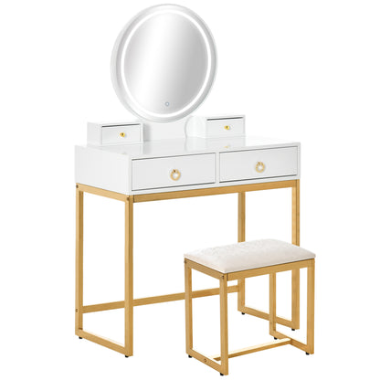 HOMCOM Vanity Table Set with Round Mirror, Makeup Dressing Table with 3-Color LED Light, 4 Drawers, Cushioned Stool for Bedroom, White