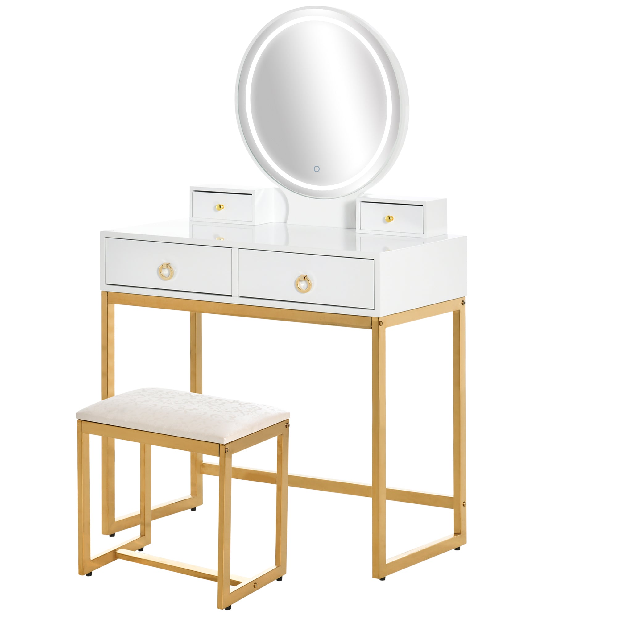 HOMCOM Vanity Table Set with Round Mirror, Makeup Dressing Table with 3-Color LED Light, 4 Drawers, Cushioned Stool for Bedroom, White