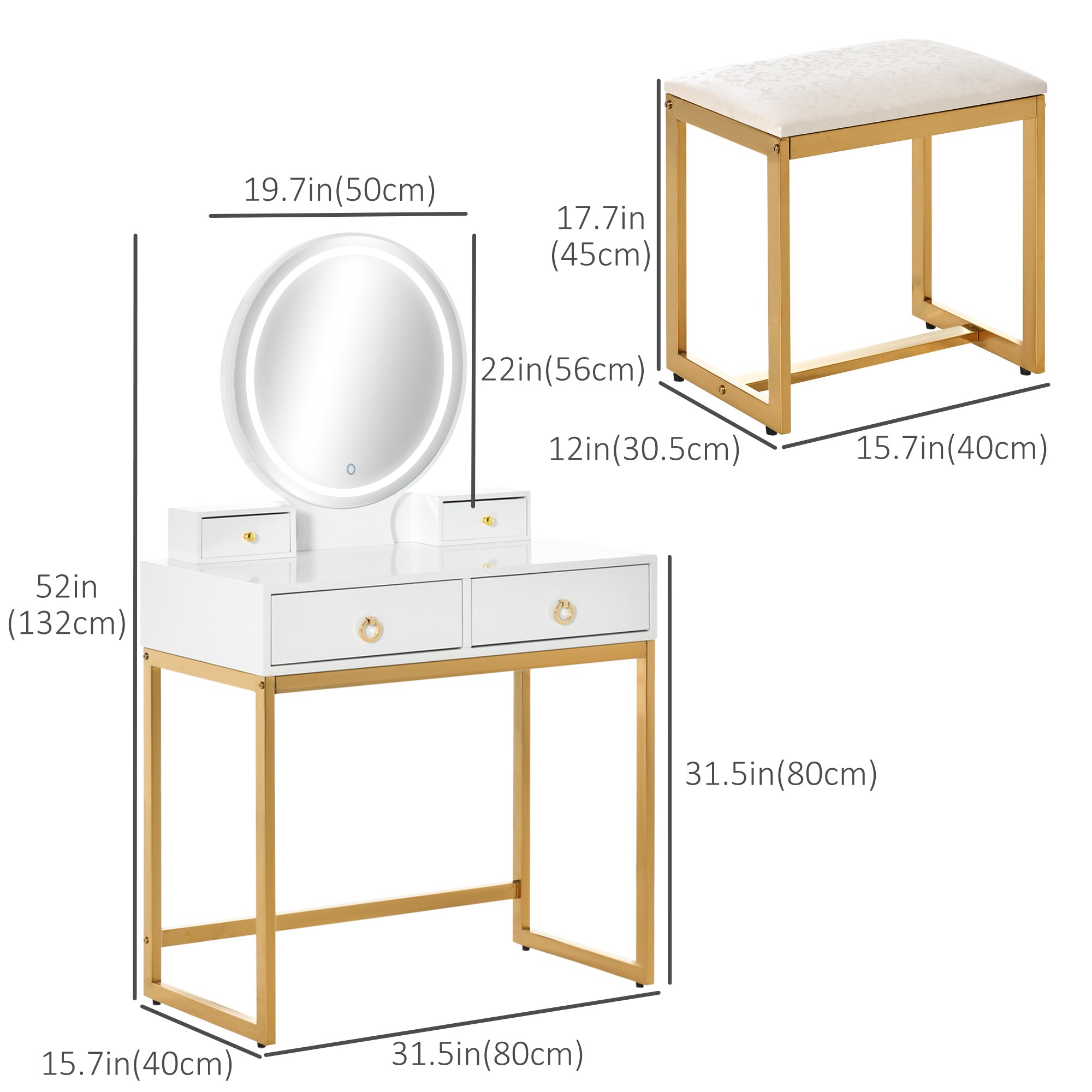 HOMCOM Vanity Table Set with Round Mirror, Makeup Dressing Table with 3-Color LED Light, 4 Drawers, Cushioned Stool for Bedroom, White