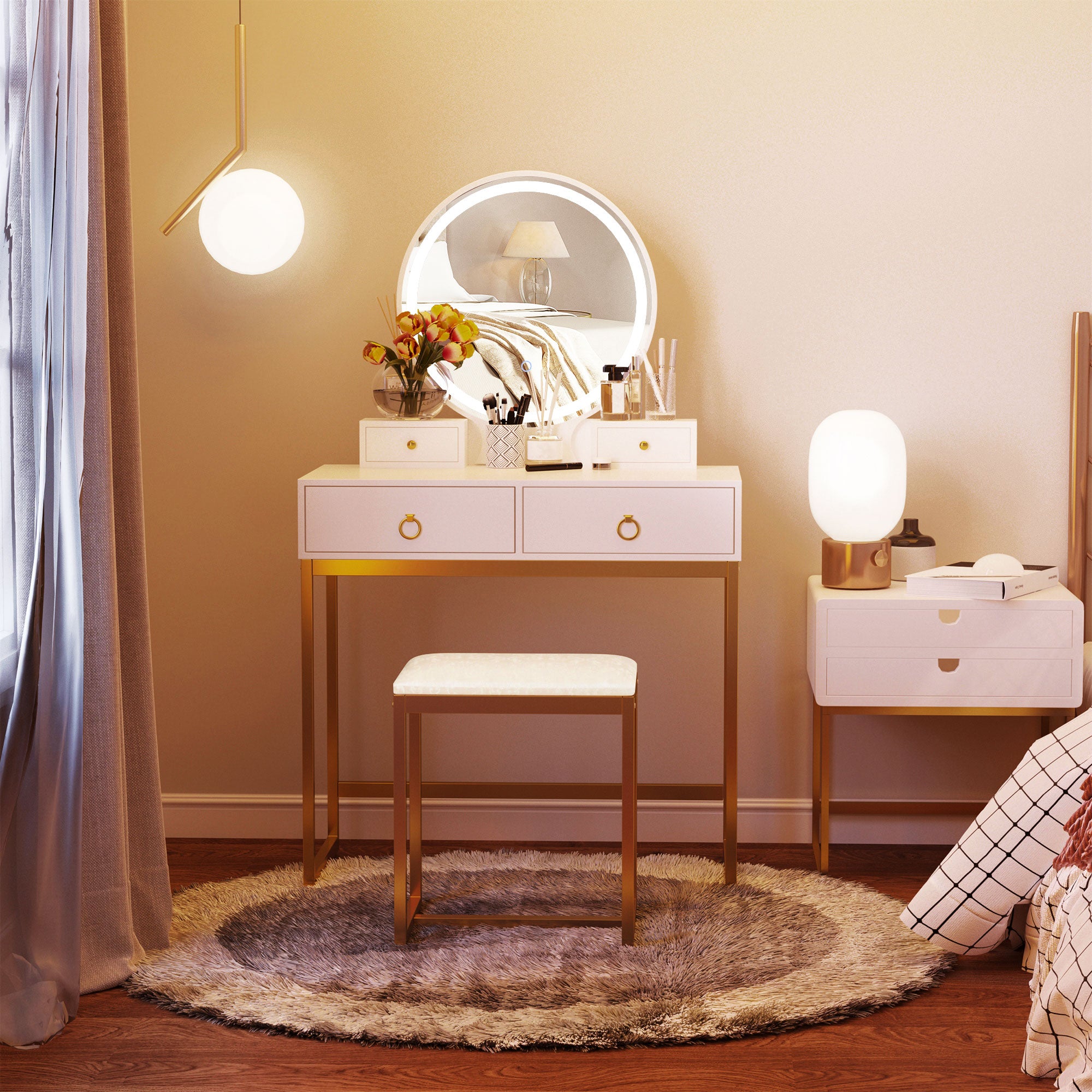 HOMCOM Vanity Table Set with Round Mirror, Makeup Dressing Table with 3-Color LED Light, 4 Drawers, Cushioned Stool for Bedroom, White