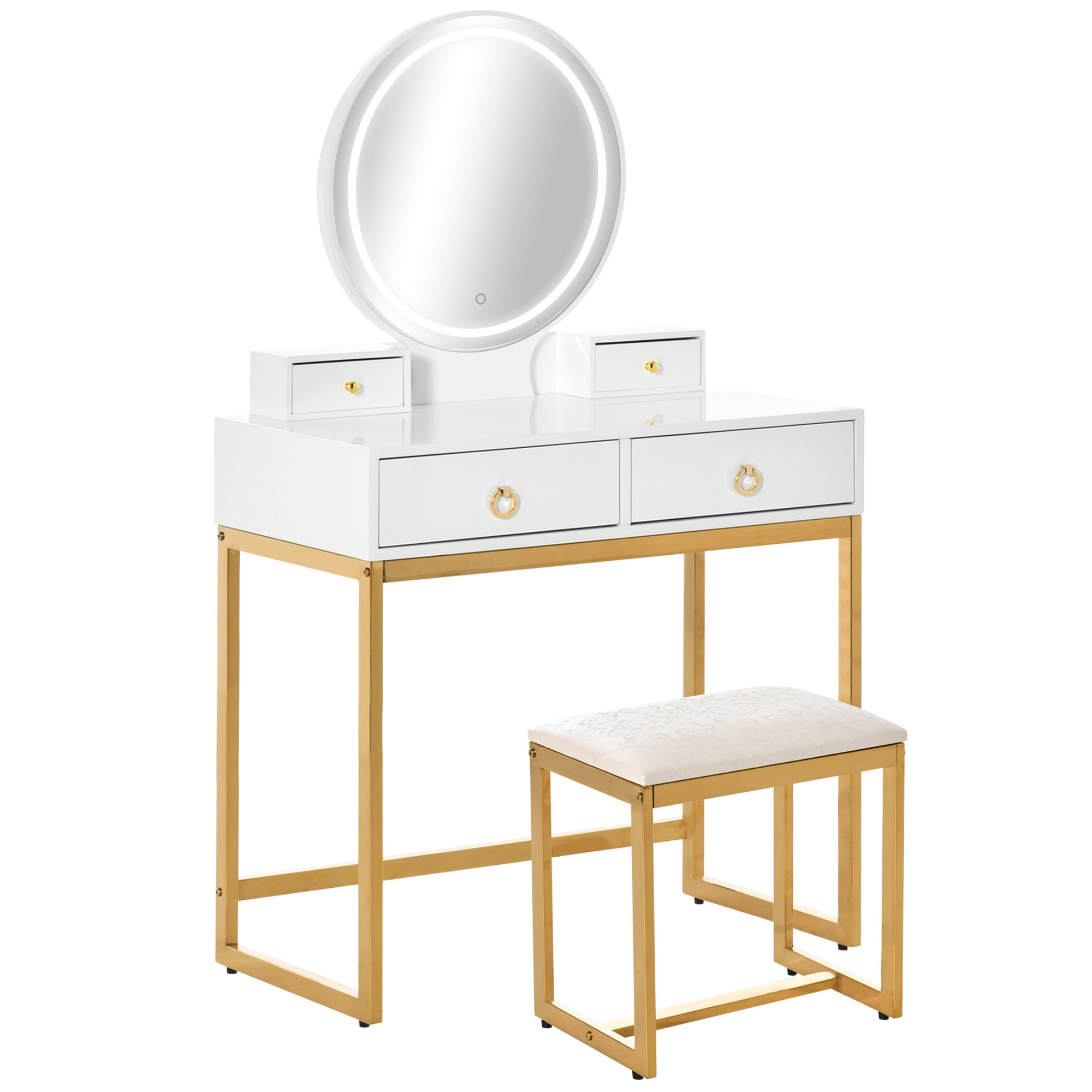 HOMCOM Vanity Table Set with Round Mirror, Makeup Dressing Table with 3-Color LED Light, 4 Drawers, Cushioned Stool for Bedroom, White