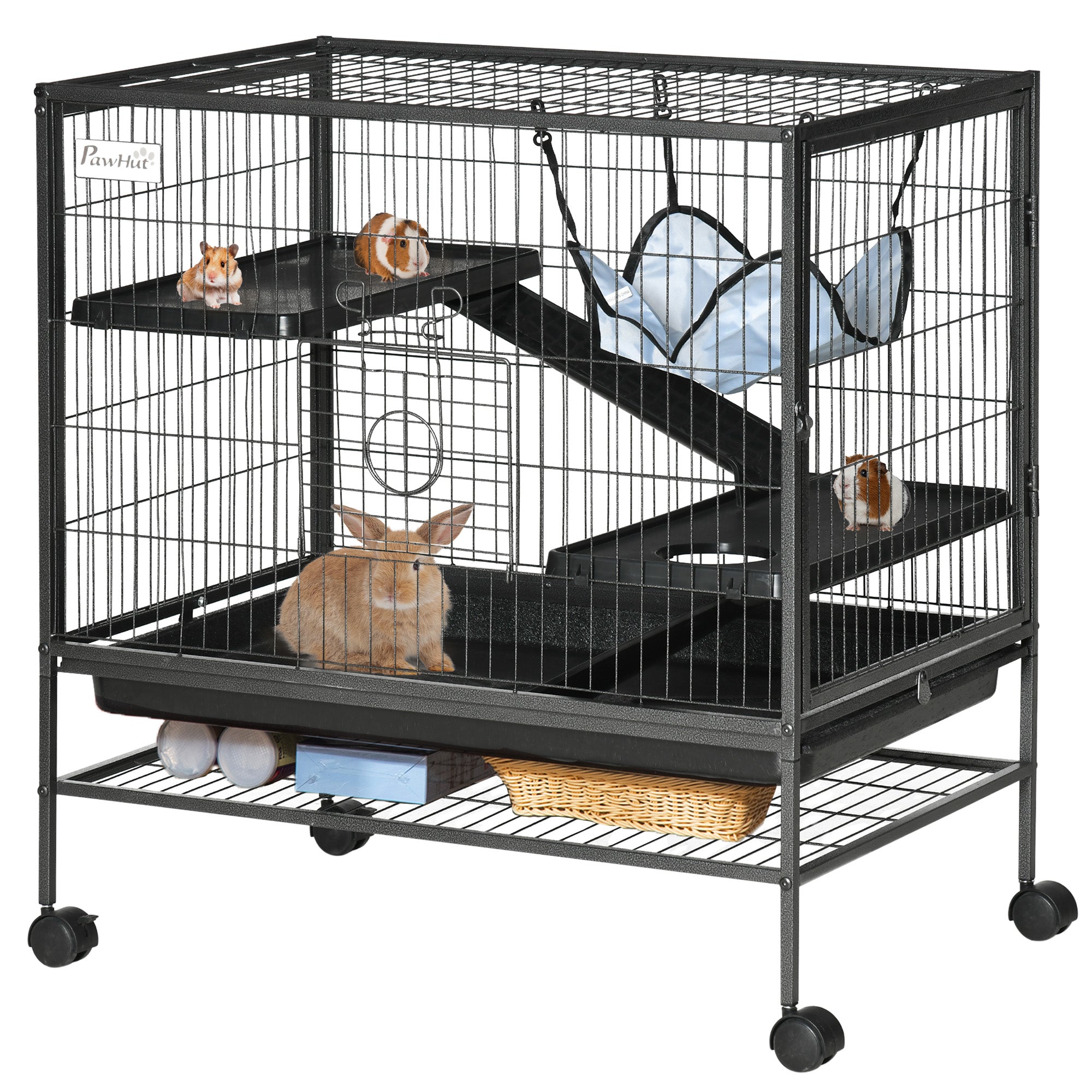 PawHut Small Animal Cage with Wheels, Pet Playpen for Ferrets, Chinchillas, Guinea Pigs, Kittens, with Bottom Storage Shelf, Removable Tray, Ramp, 31.5