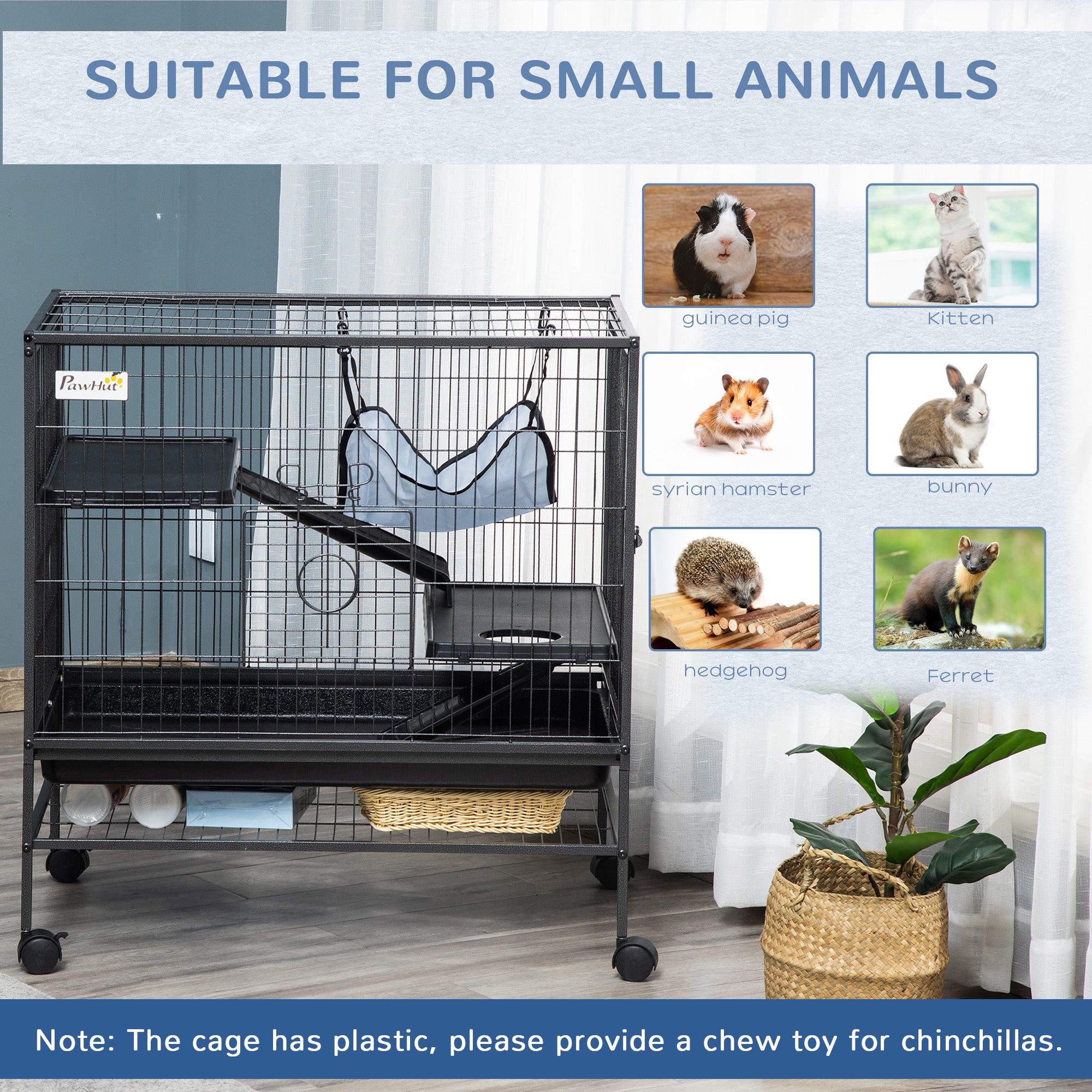 PawHut Small Animal Cage with Wheels, Pet Playpen for Ferrets, Chinchillas, Guinea Pigs, Kittens, with Bottom Storage Shelf, Removable Tray, Ramp, 31.5" x 20.5" x 33.1"