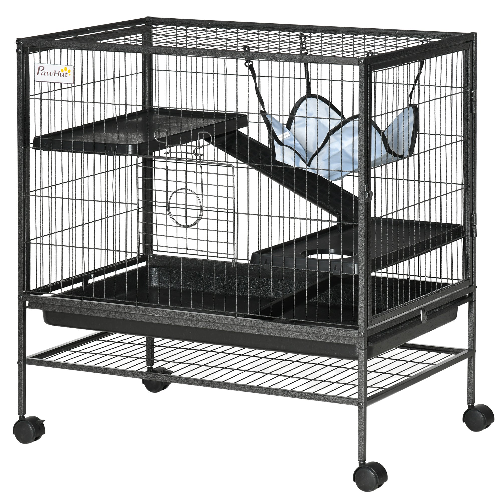 PawHut Small Animal Cage with Wheels, Pet Playpen for Ferrets, Chinchillas, Guinea Pigs, Kittens, with Bottom Storage Shelf, Removable Tray, Ramp, 31.5