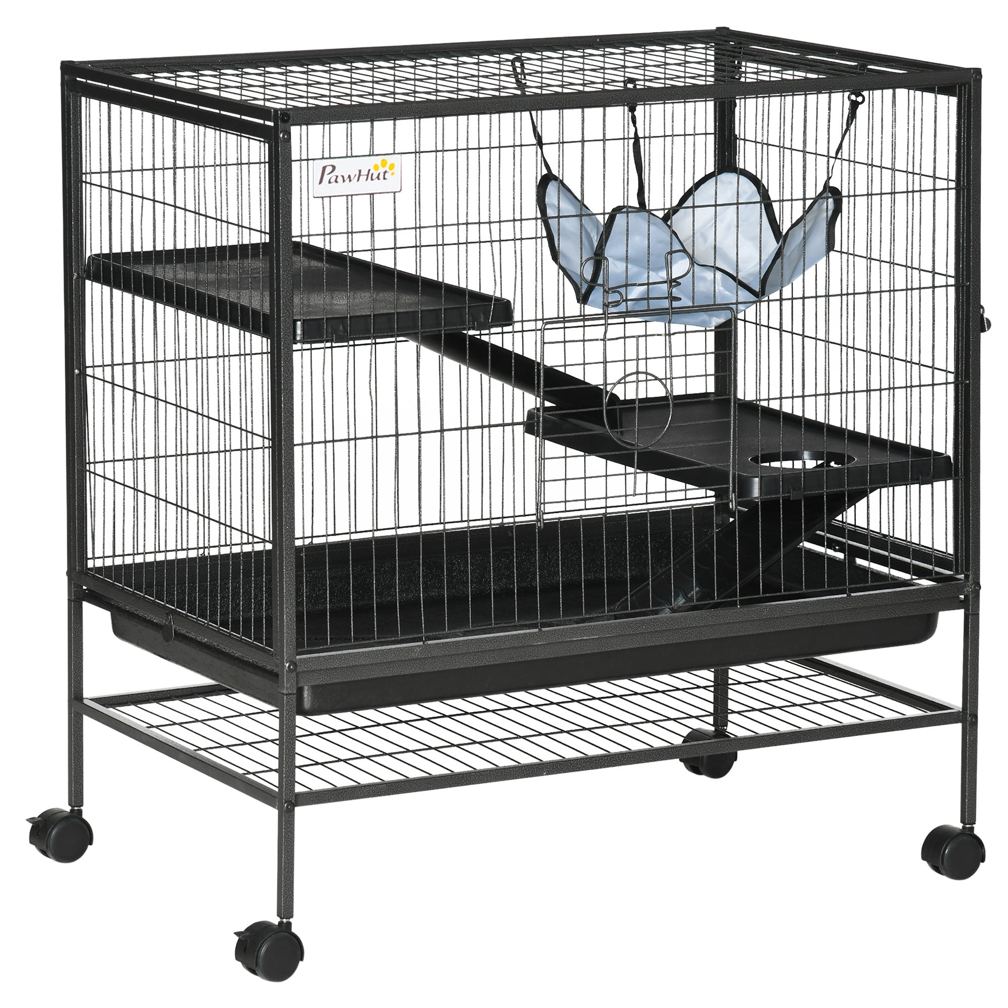 PawHut Small Animal Cage with Wheels, Pet Playpen for Ferrets, Chinchillas, Guinea Pigs, Kittens, with Bottom Storage Shelf, Removable Tray, Ramp, 31.5
