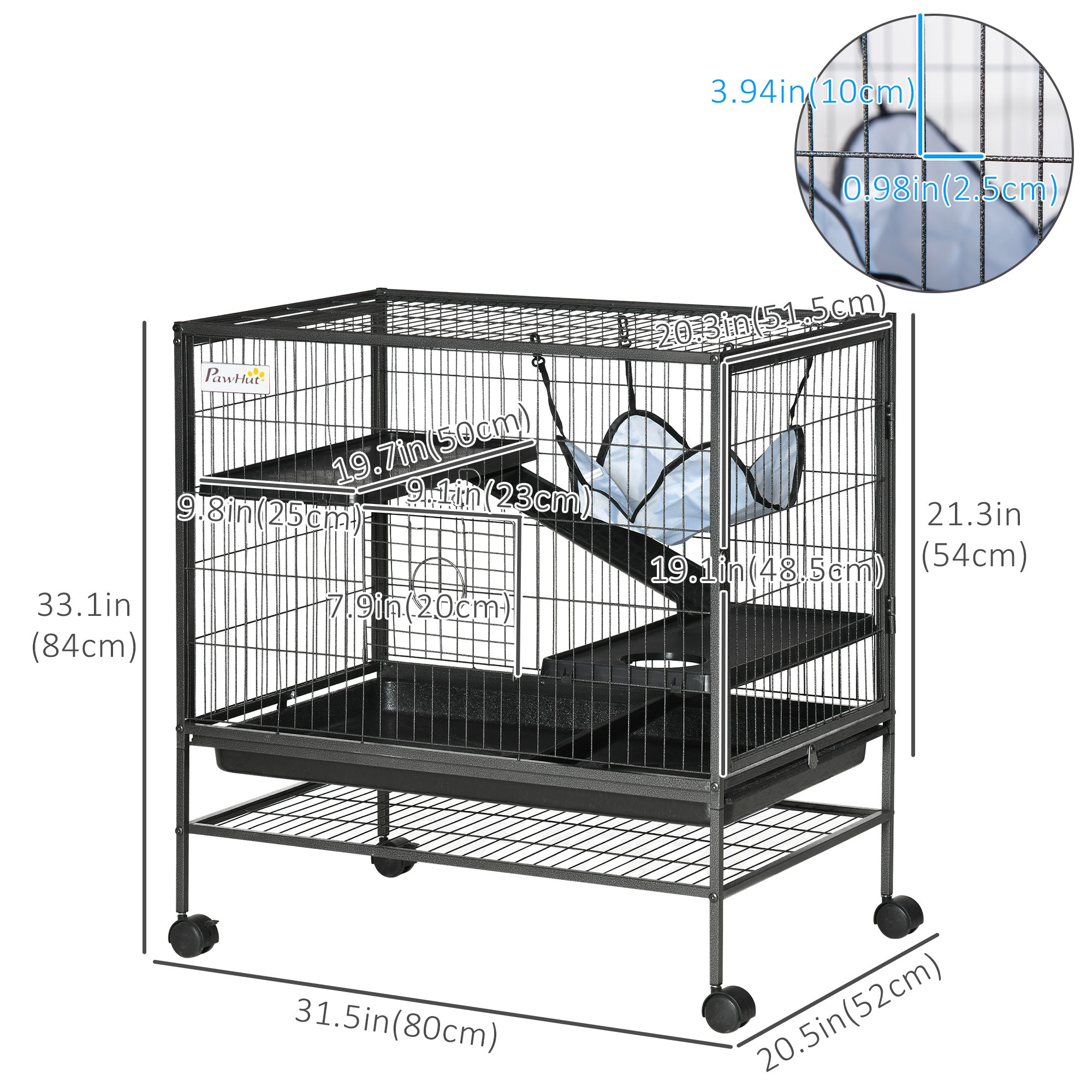 PawHut Small Animal Cage with Wheels, Pet Playpen for Ferrets, Chinchillas, Guinea Pigs, Kittens, with Bottom Storage Shelf, Removable Tray, Ramp, 31.5" x 20.5" x 33.1"