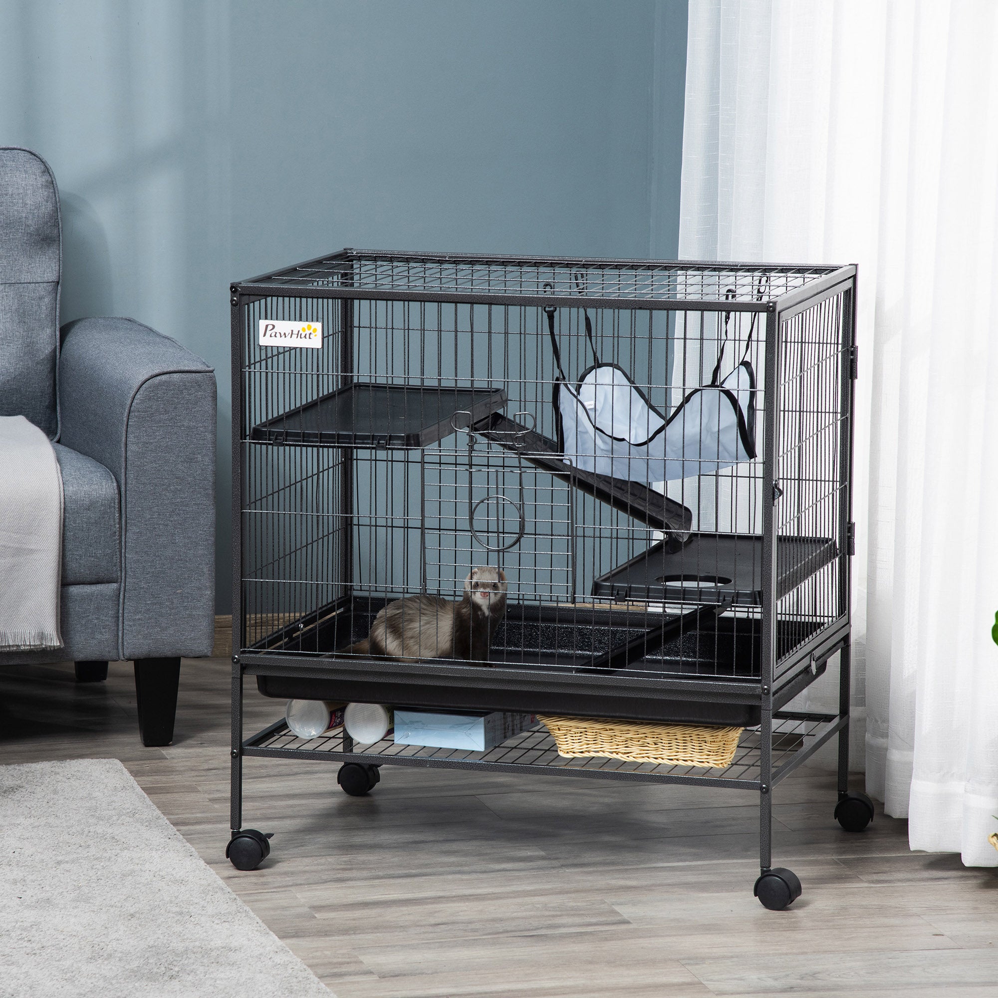 PawHut Small Animal Cage with Wheels, Pet Playpen for Ferrets, Chinchillas, Guinea Pigs, Kittens, with Bottom Storage Shelf, Removable Tray, Ramp, 31.5