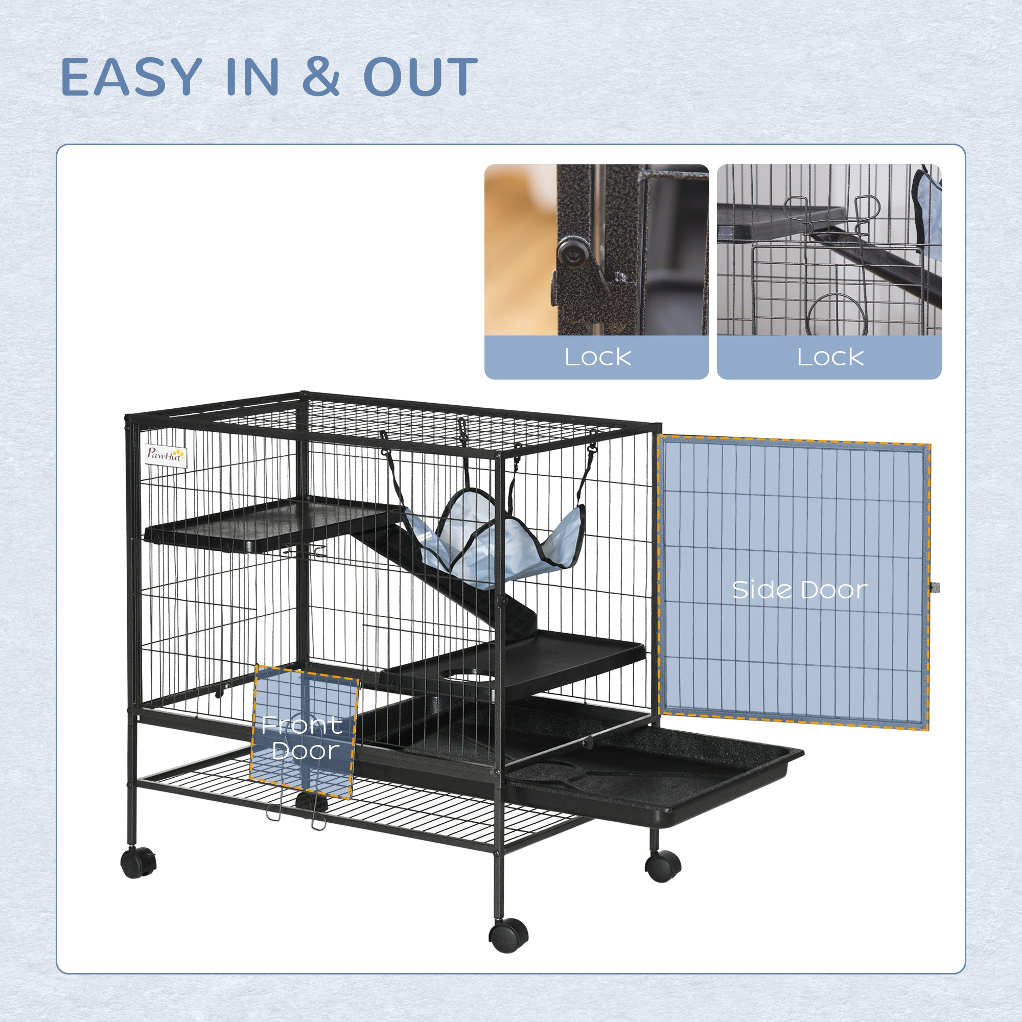 PawHut Small Animal Cage with Wheels, Pet Playpen for Ferrets, Chinchillas, Guinea Pigs, Kittens, with Bottom Storage Shelf, Removable Tray, Ramp, 31.5