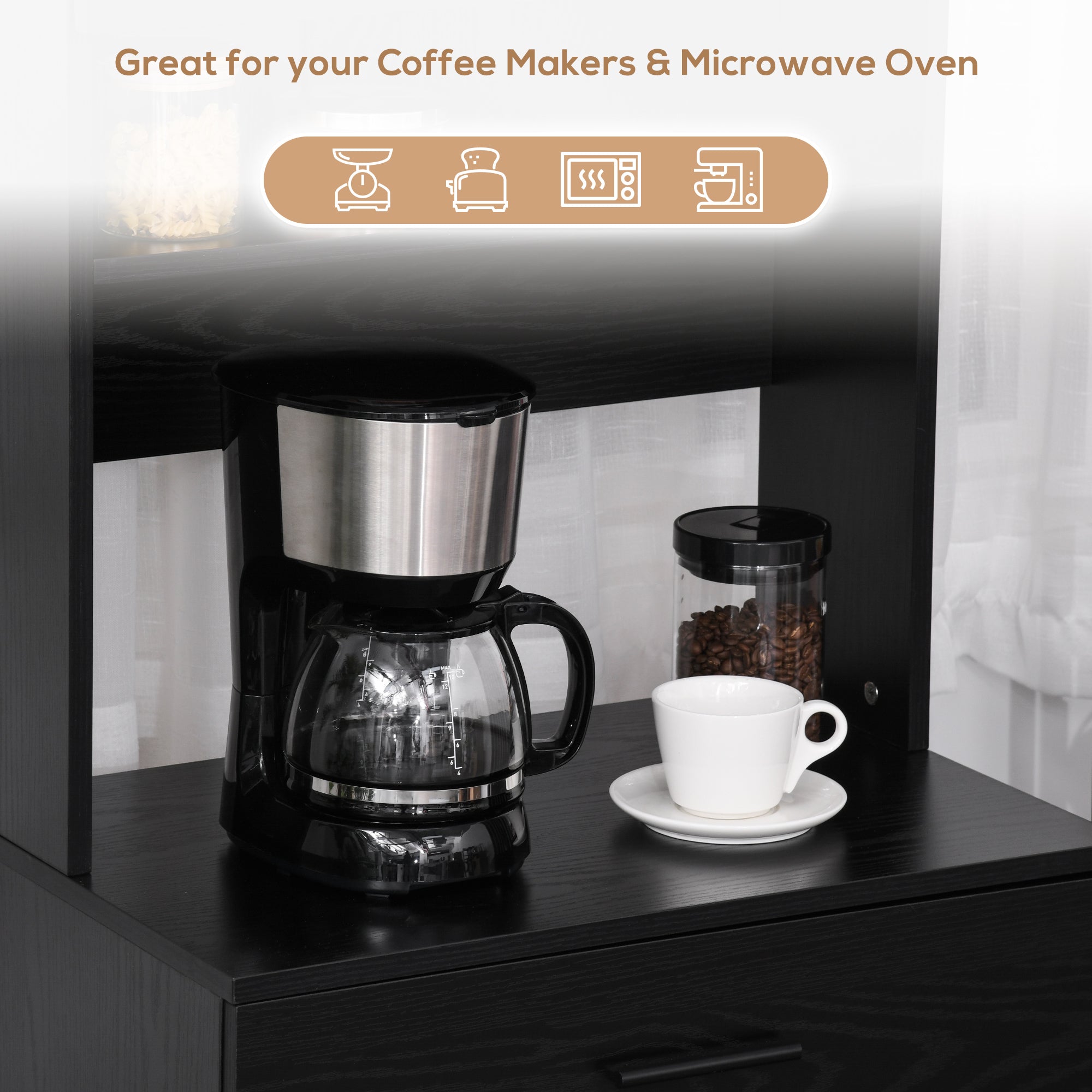 HOMCOM 71"H Freestanding Kitchen Pantry, Buffet with Hutch, Microwave Stand with Storage Cabinet, Black