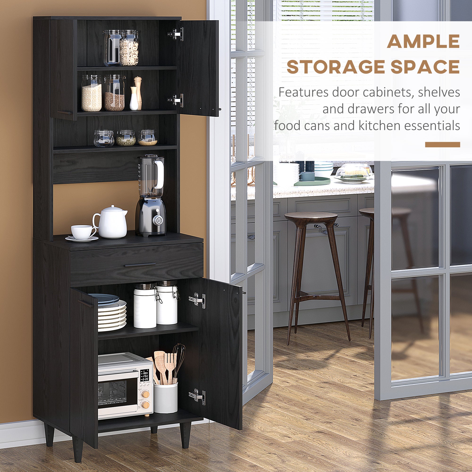 HOMCOM 71"H Freestanding Kitchen Pantry, Buffet with Hutch, Microwave Stand with Storage Cabinet, Black