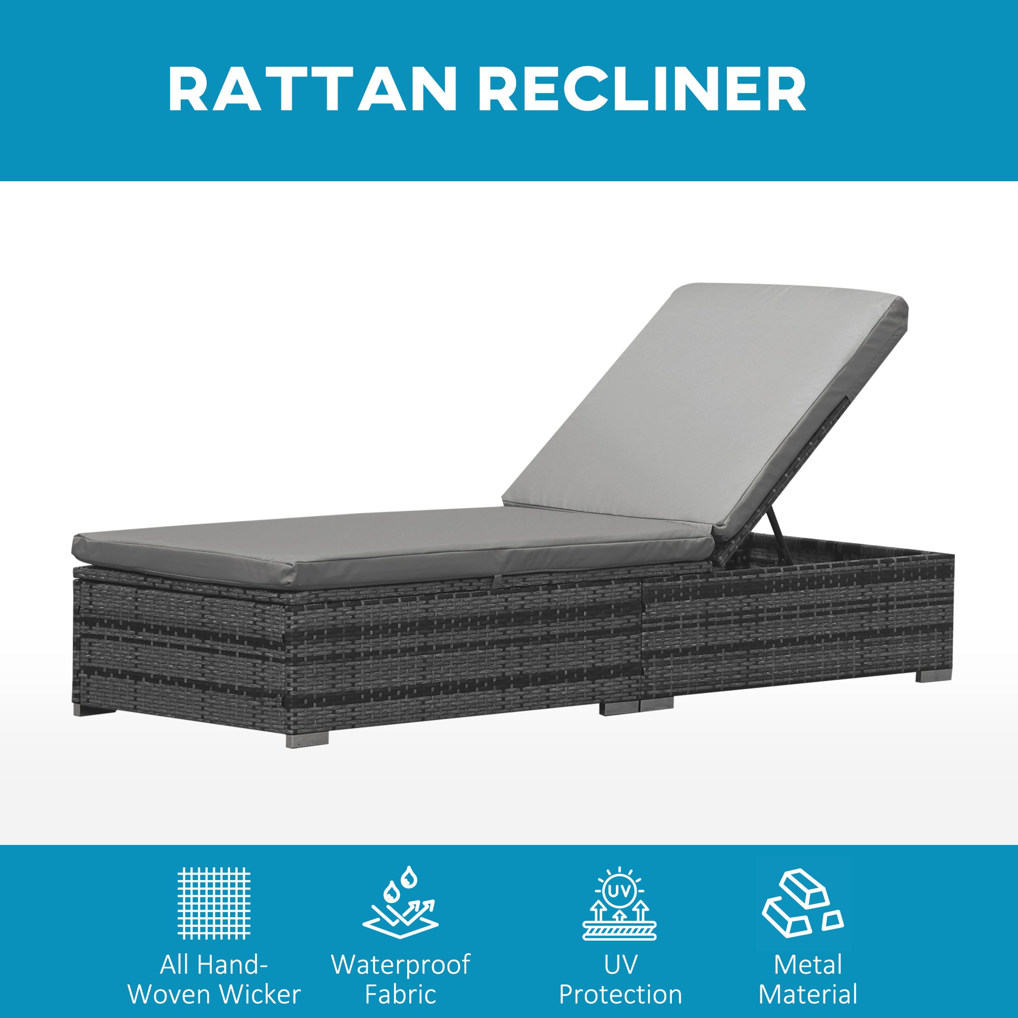 Outsunny Wicker Outdoor Lounge Chair, Patio Lounger with 5-Level Adjustable Backrest, Rattan Sun Lounger with Padded Cushion for Garden, Backyard, Poolside, Mixed Grey