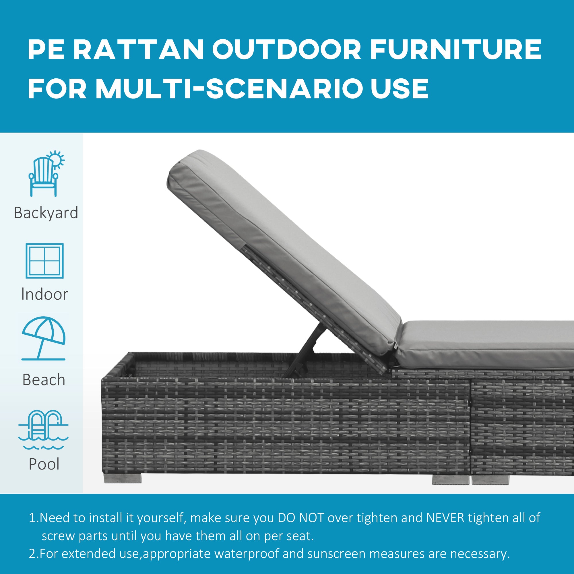 Outsunny Wicker Outdoor Lounge Chair, Patio Lounger with 5-Level Adjustable Backrest, Rattan Sun Lounger with Padded Cushion for Garden, Backyard, Poolside, Mixed Grey