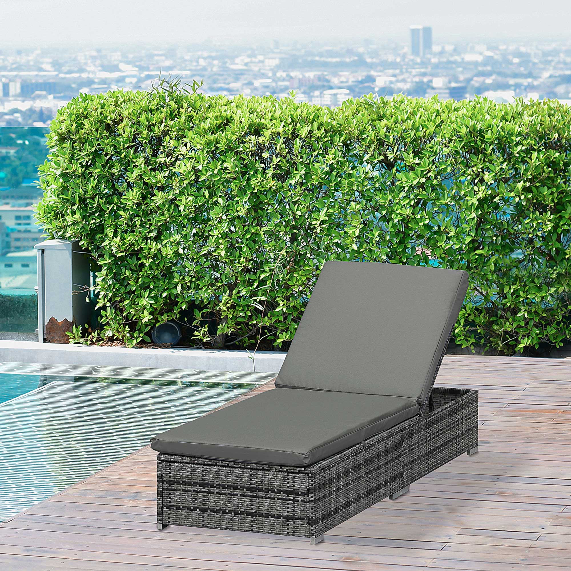 Outsunny Wicker Outdoor Lounge Chair, Patio Lounger with 5-Level Adjustable Backrest, Rattan Sun Lounger with Padded Cushion for Garden, Backyard, Poolside, Mixed Grey