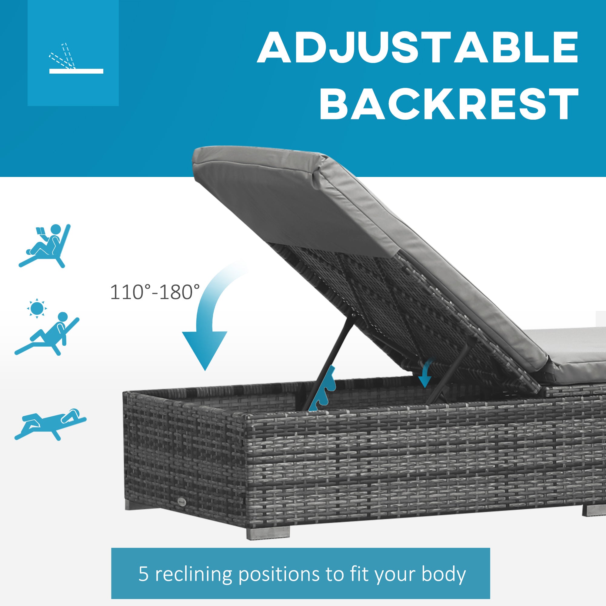 Outsunny Wicker Outdoor Lounge Chair, Patio Lounger with 5-Level Adjustable Backrest, Rattan Sun Lounger with Padded Cushion for Garden, Backyard, Poolside, Mixed Grey