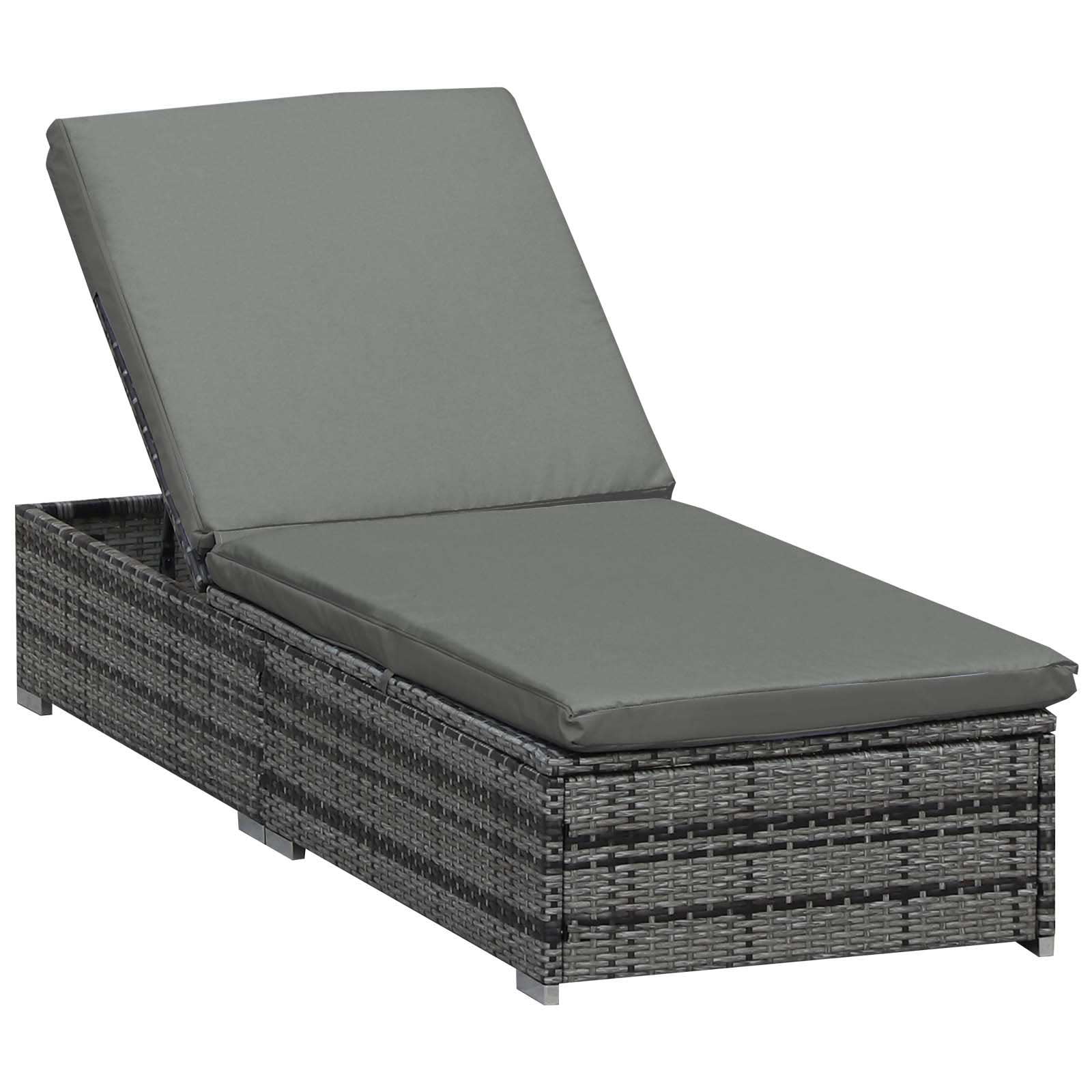 Outsunny Wicker Outdoor Lounge Chair, Patio Lounger with 5-Level Adjustable Backrest, Rattan Sun Lounger with Padded Cushion for Garden, Backyard, Poolside, Mixed Grey