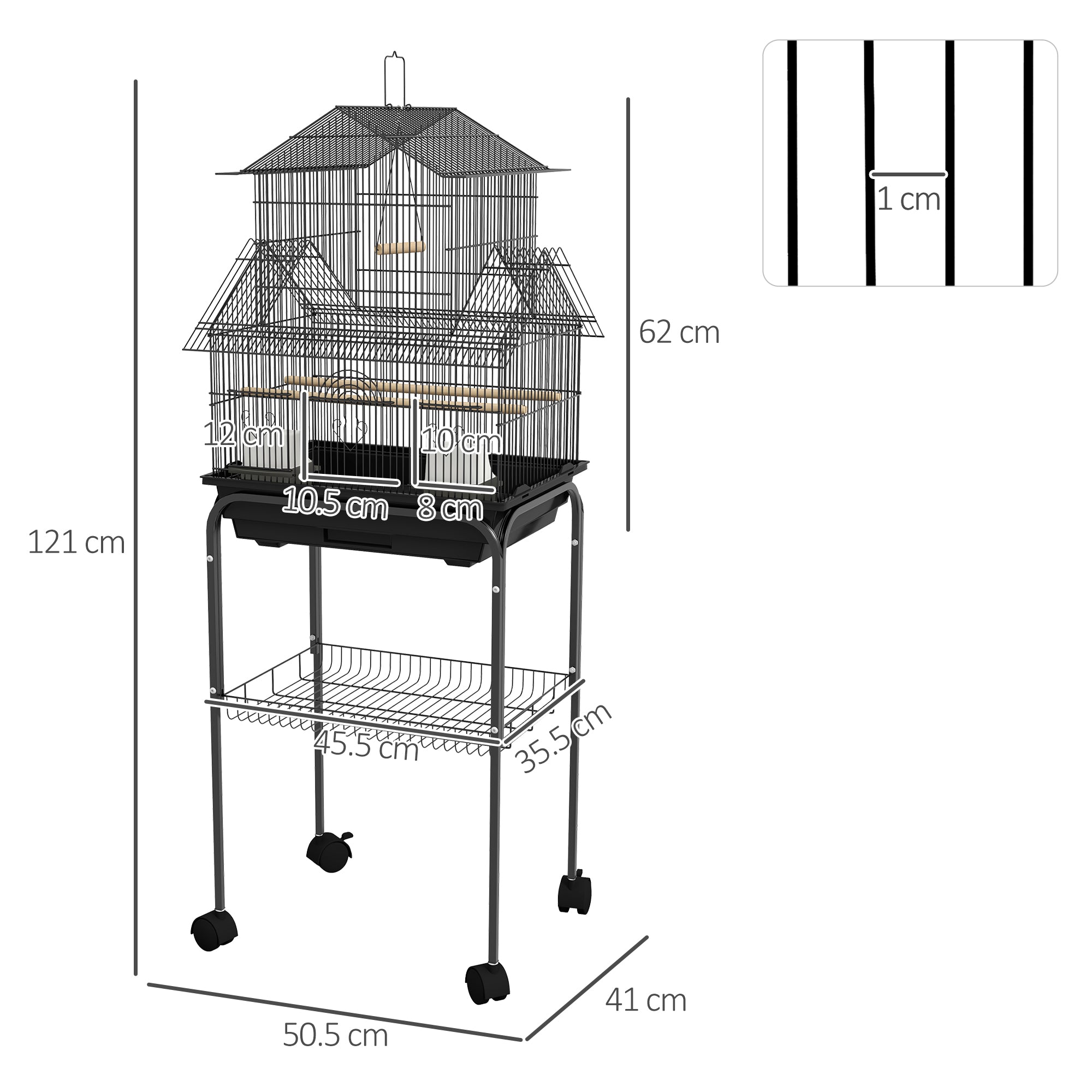 PawHut Bird Cage Budgie Cage with Stand Slide Tray Handle for Finch Canary 43.5 x 33 x 121cm Black
