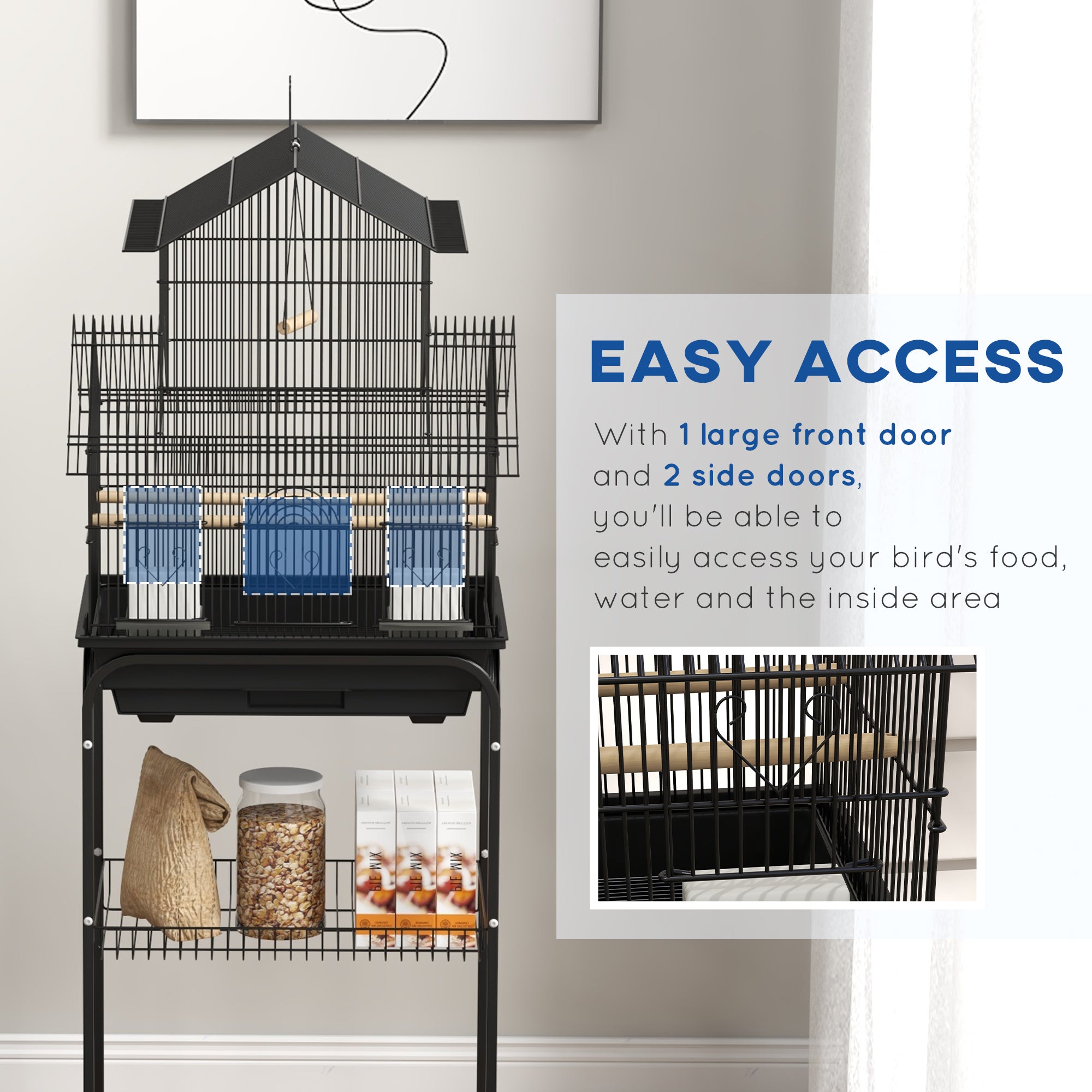 PawHut Bird Cage Budgie Cage with Stand Slide Tray Handle for Finch Canary 43.5 x 33 x 121cm Black