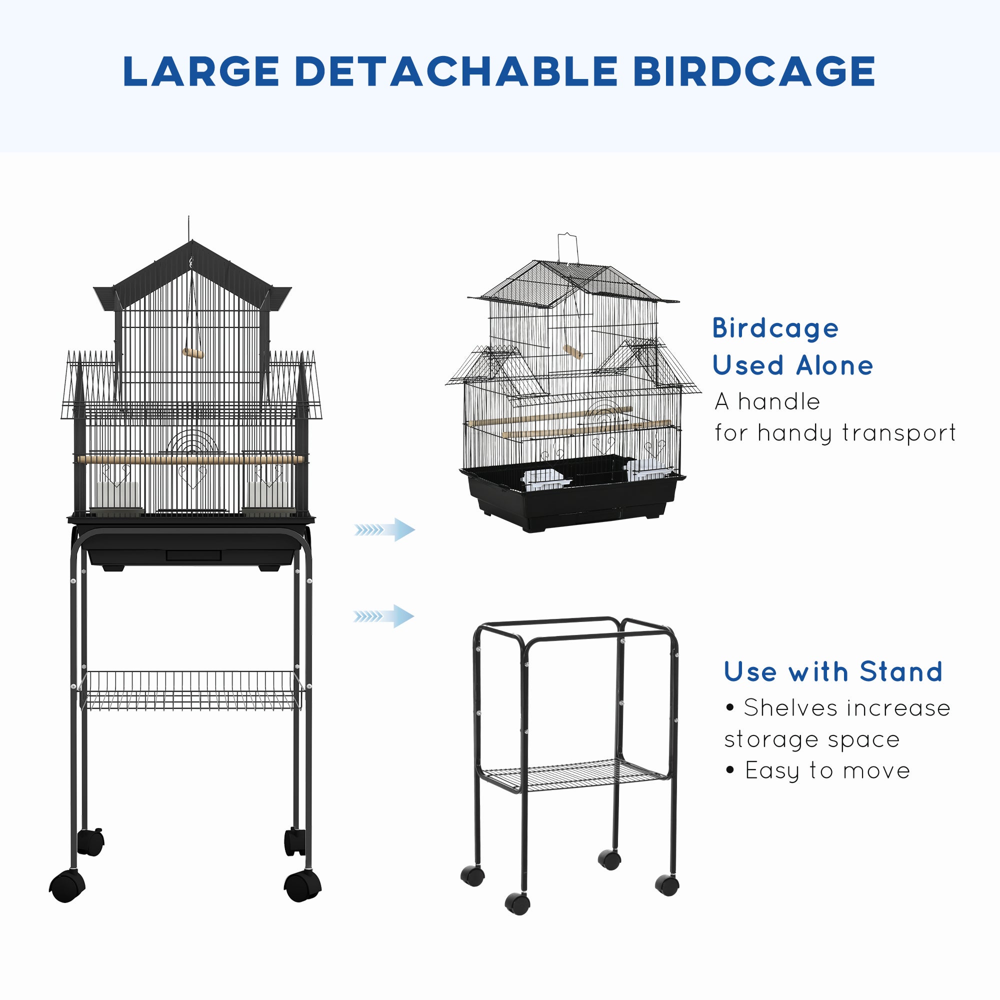 PawHut Bird Cage Budgie Cage with Stand Slide Tray Handle for Finch Canary 43.5 x 33 x 121cm Black