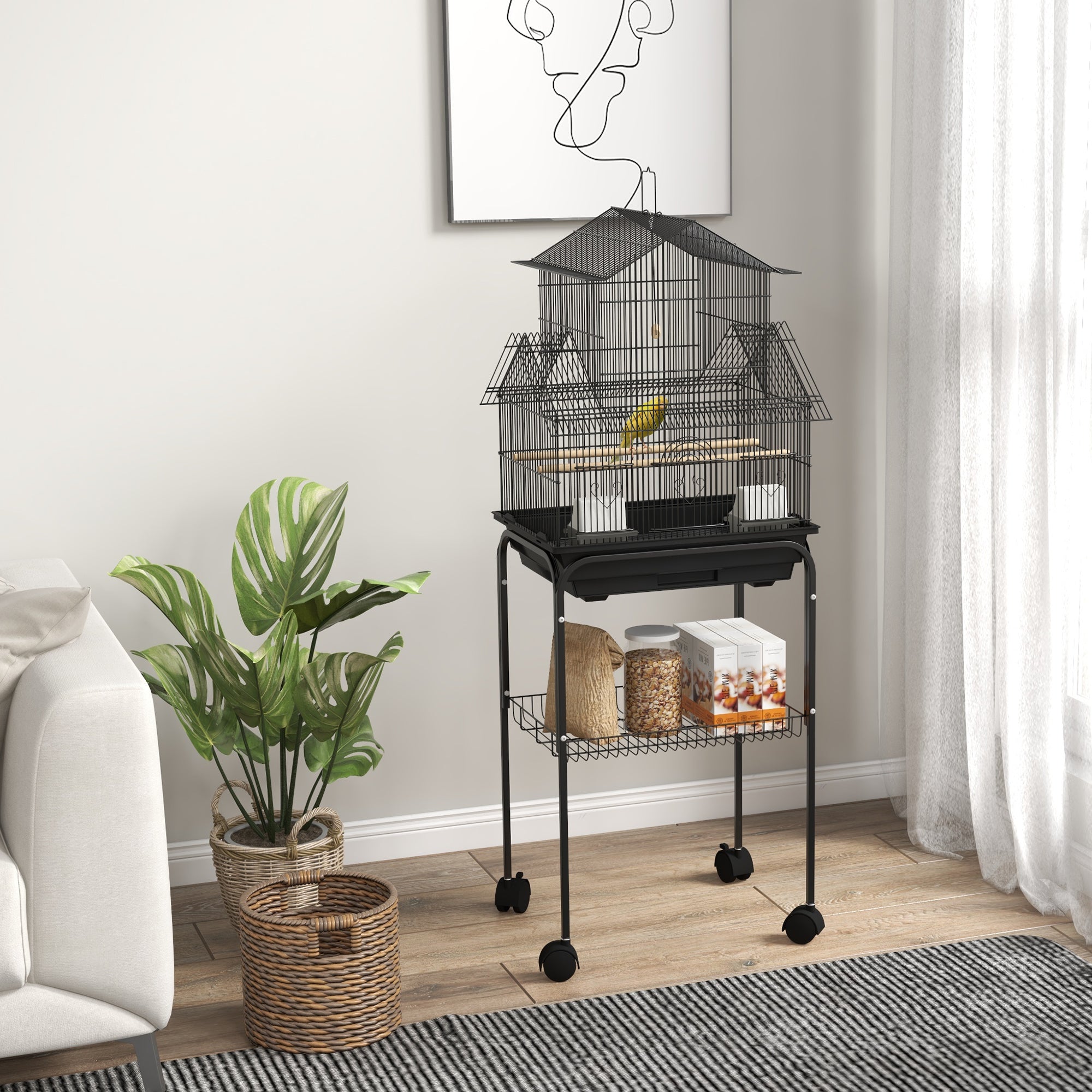 PawHut Bird Cage Budgie Cage with Stand Slide Tray Handle for Finch Canary 43.5 x 33 x 121cm Black