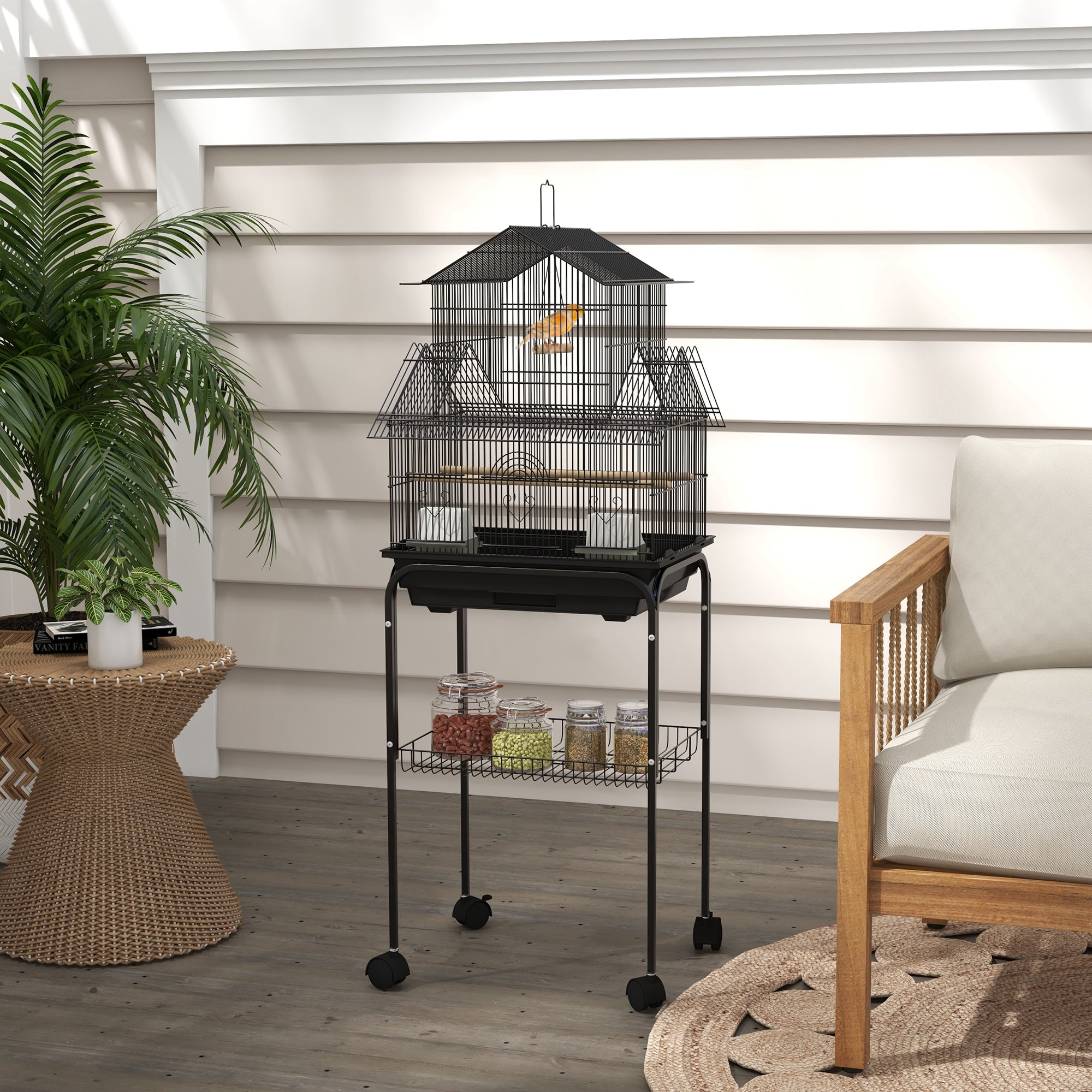 PawHut Bird Cage Budgie Cage with Stand Slide Tray Handle for Finch Canary 43.5 x 33 x 121cm Black