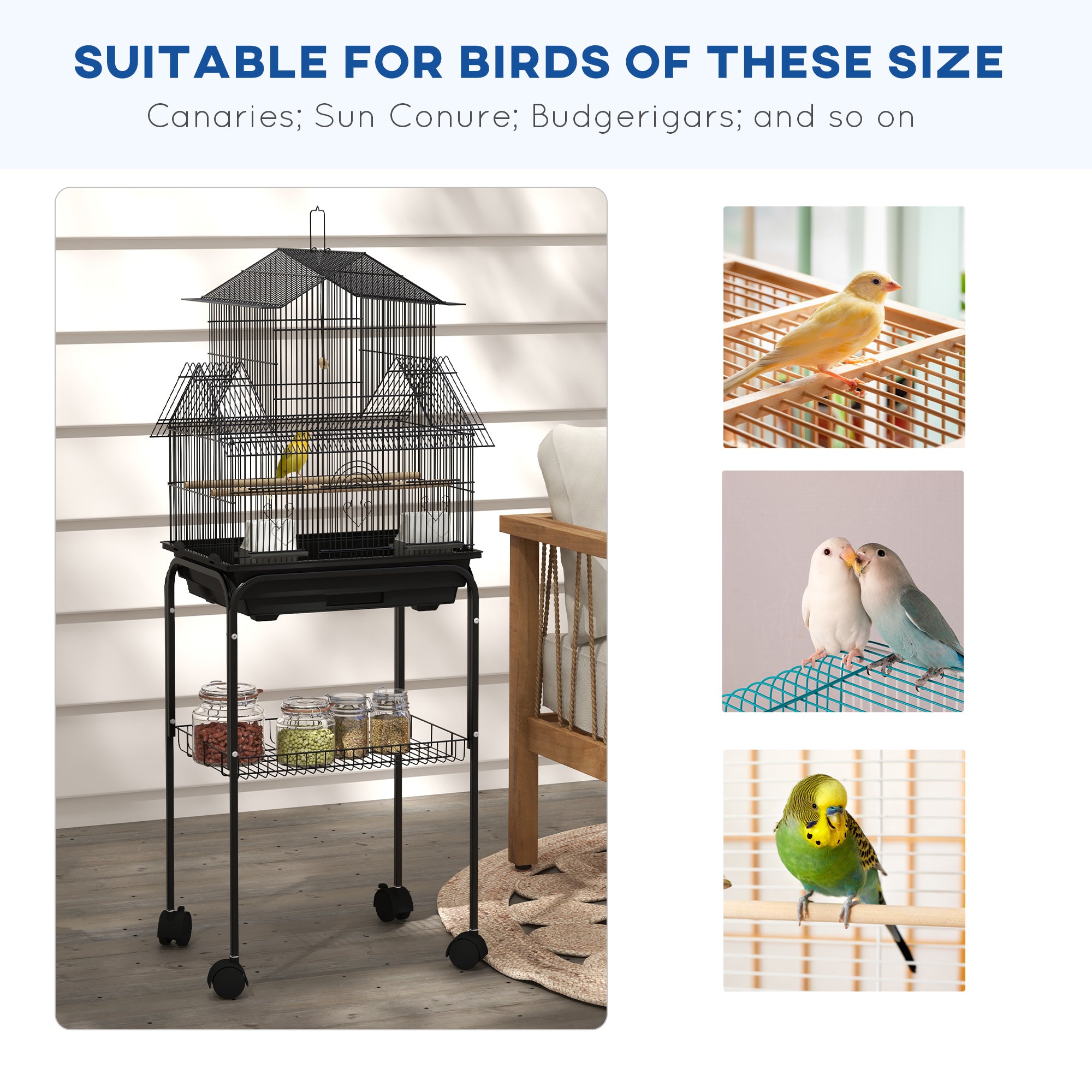 PawHut Bird Cage Budgie Cage with Stand Slide Tray Handle for Finch Canary 43.5 x 33 x 121cm Black