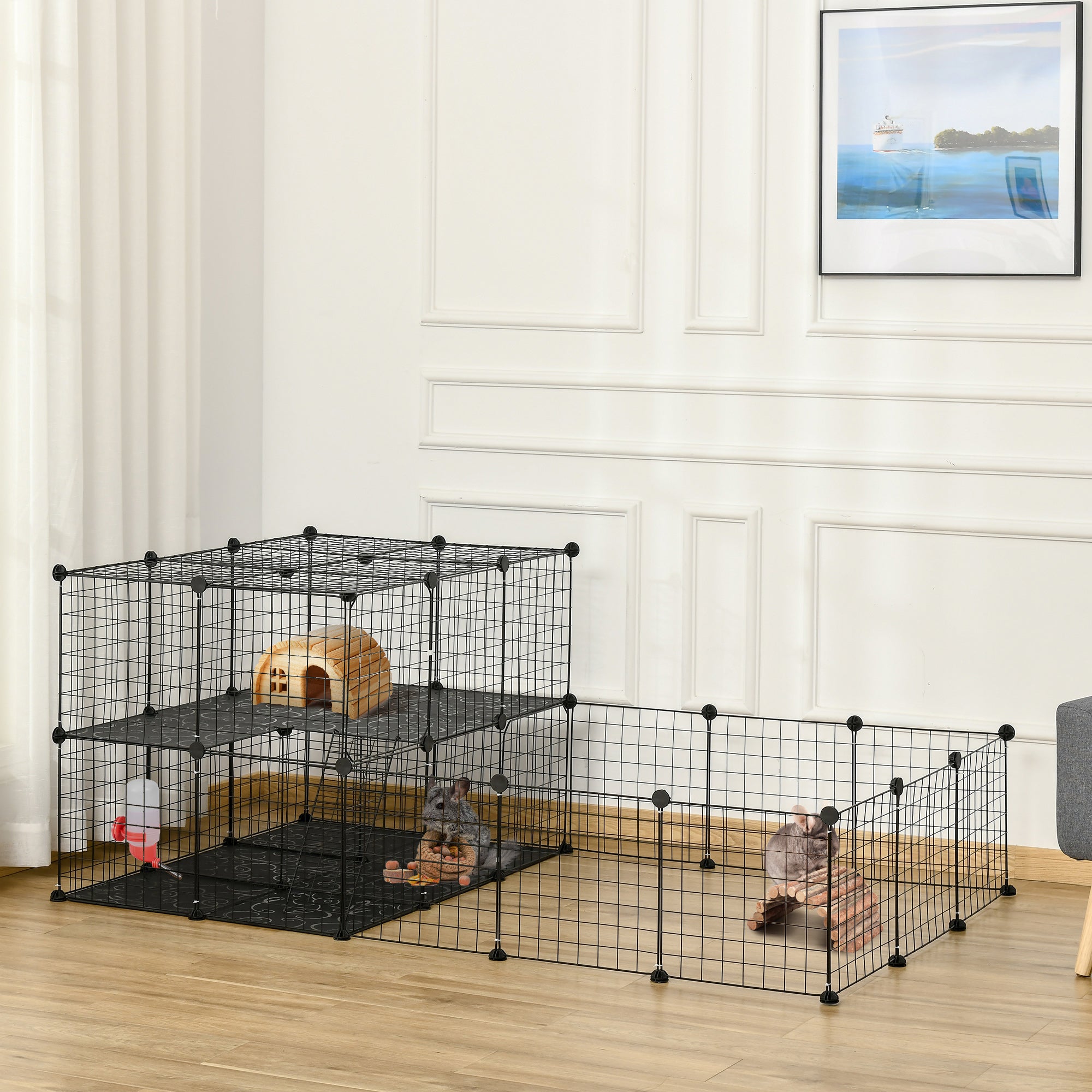 PawHut Small Animal Cage Rabbit Cage with Door, Guinea Pig Playpen, Small Animal Fence for Bunny, Chinchilla, Freret, Chinchilla, Indoor and Outdoor Use, Total 46 Panels, 68.9