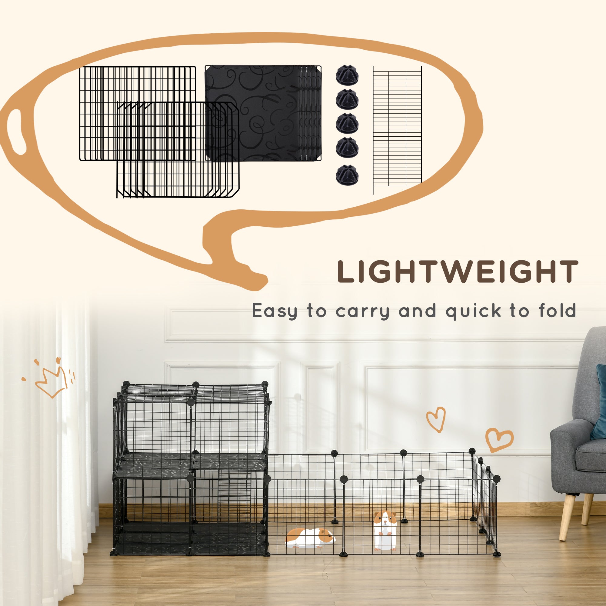 PawHut Small Animal Cage Rabbit Cage with Door, Guinea Pig Playpen, Small Animal Fence for Bunny, Chinchilla, Freret, Chinchilla, Indoor and Outdoor Use, Total 46 Panels, 68.9