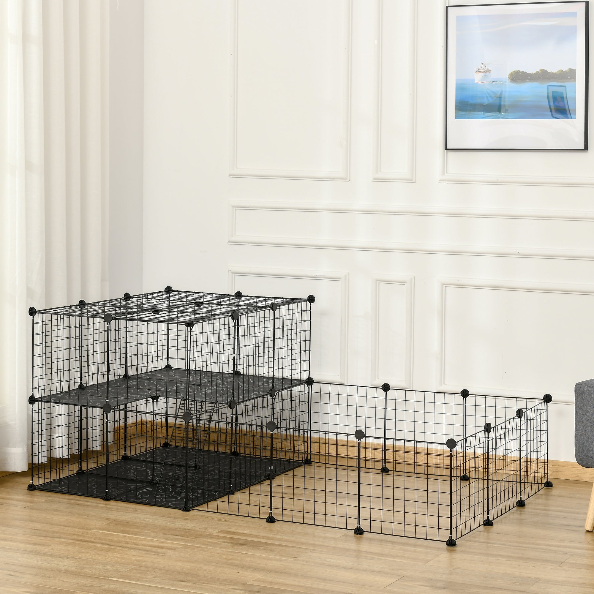 PawHut Small Animal Cage Rabbit Cage with Door, Guinea Pig Playpen, Small Animal Fence for Bunny, Chinchilla, Freret, Chinchilla, Indoor and Outdoor Use, Total 46 Panels, 68.9" x 41.3" x 27.6"