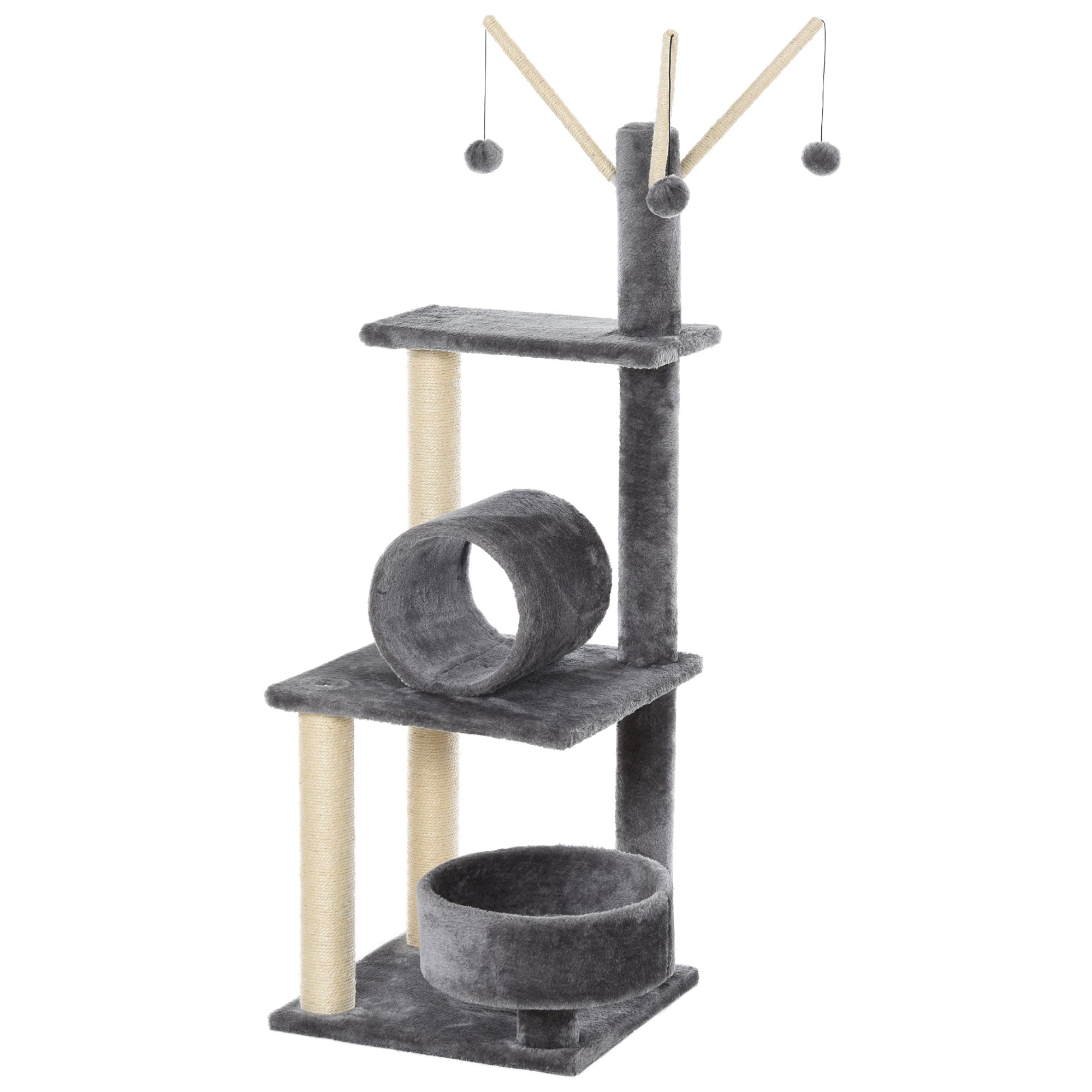 PawHut Cat Tree for Indoor Cats 121cm Kitten Tower Sisal Scratching Post Pet Activity Center Perch Condo Hanging Ball Grey