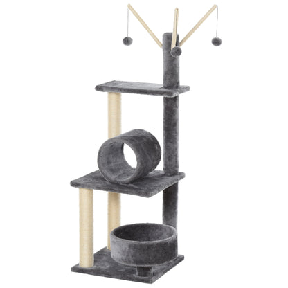PawHut Cat Tree for Indoor Cats 121cm Kitten Tower Sisal Scratching Post Pet Activity Center Perch Condo Hanging Ball Grey