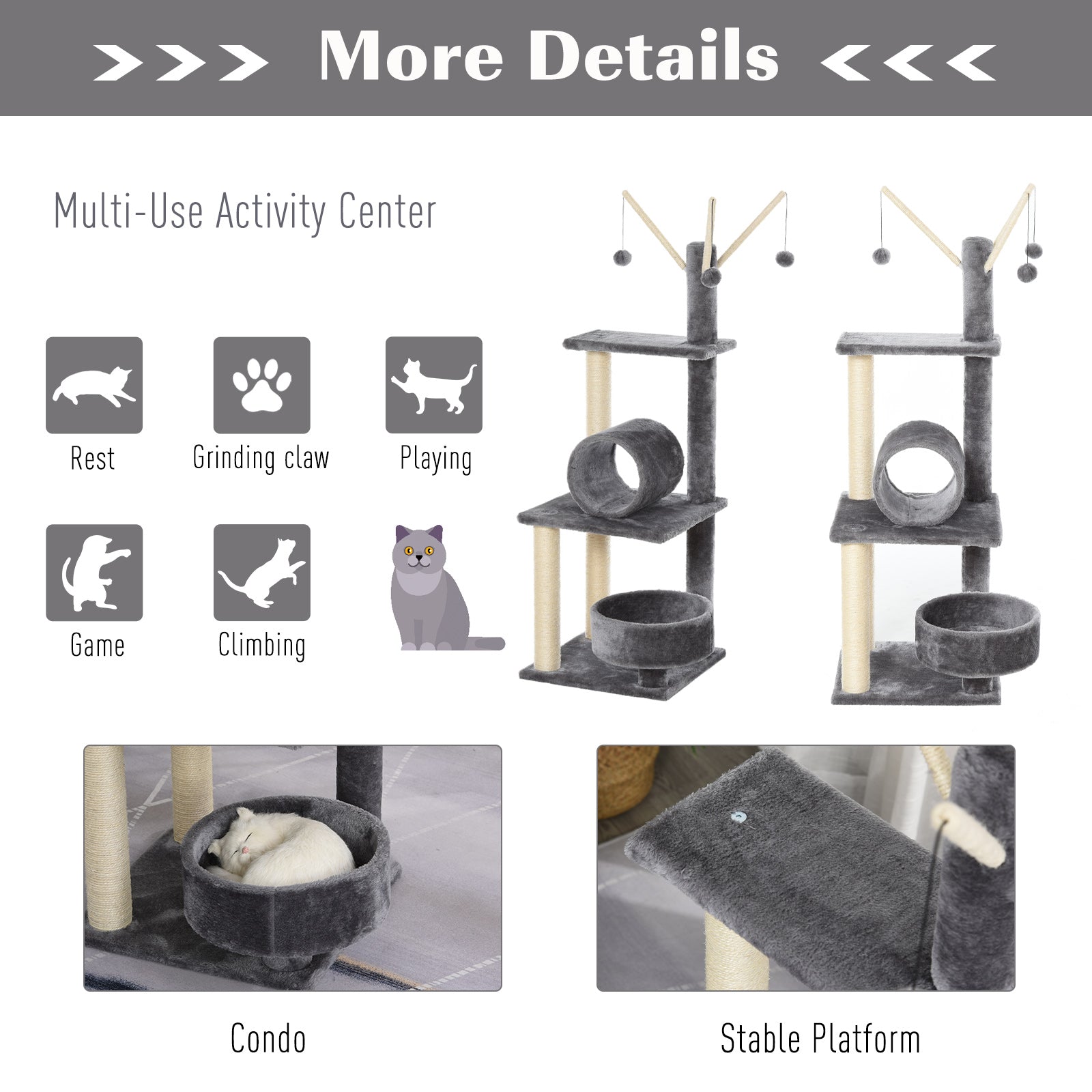PawHut Cat Tree for Indoor Cats 121cm Kitten Tower Sisal Scratching Post Pet Activity Center Perch Condo Hanging Ball Grey