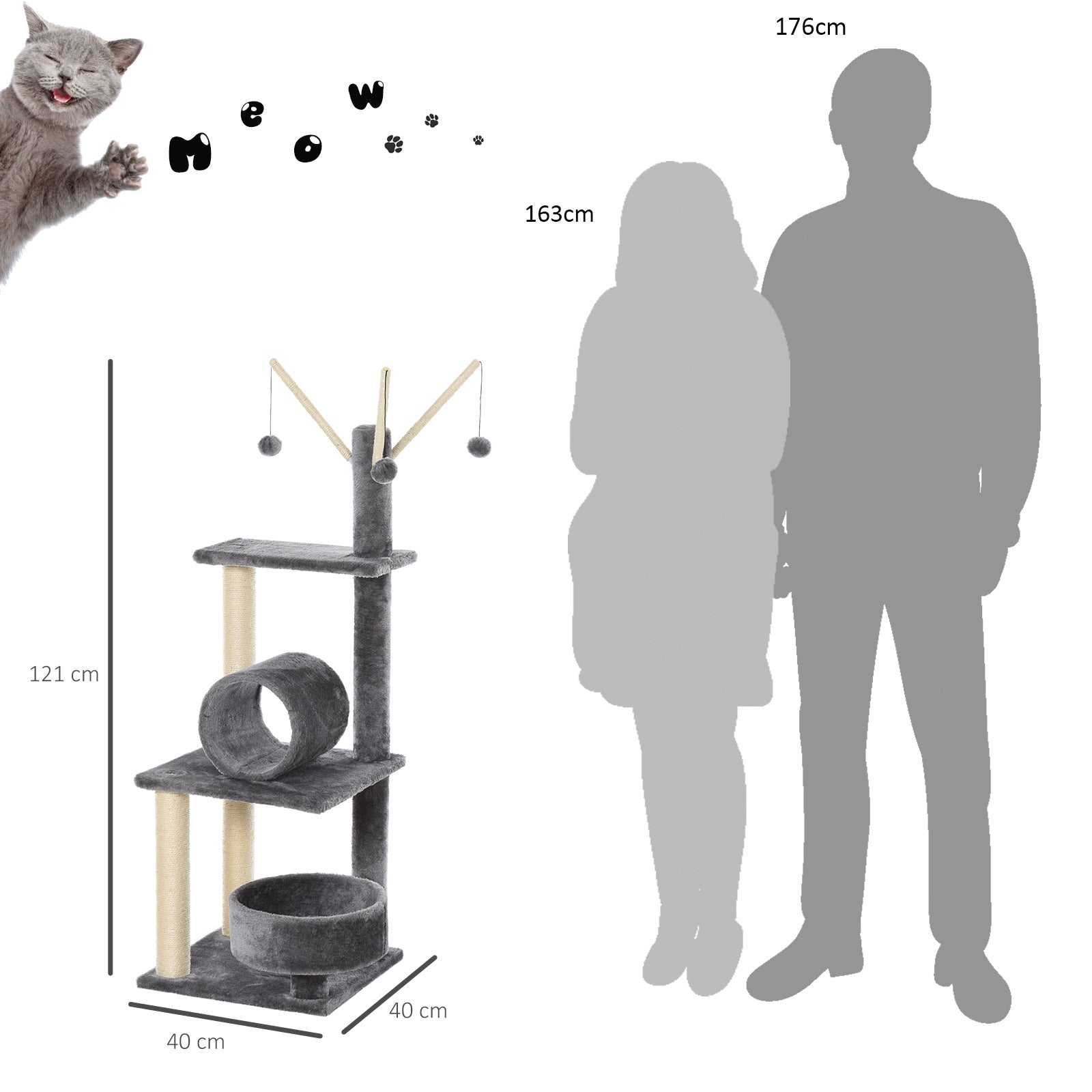 PawHut Cat Tree for Indoor Cats 121cm Kitten Tower Sisal Scratching Post Pet Activity Center Perch Condo Hanging Ball Grey