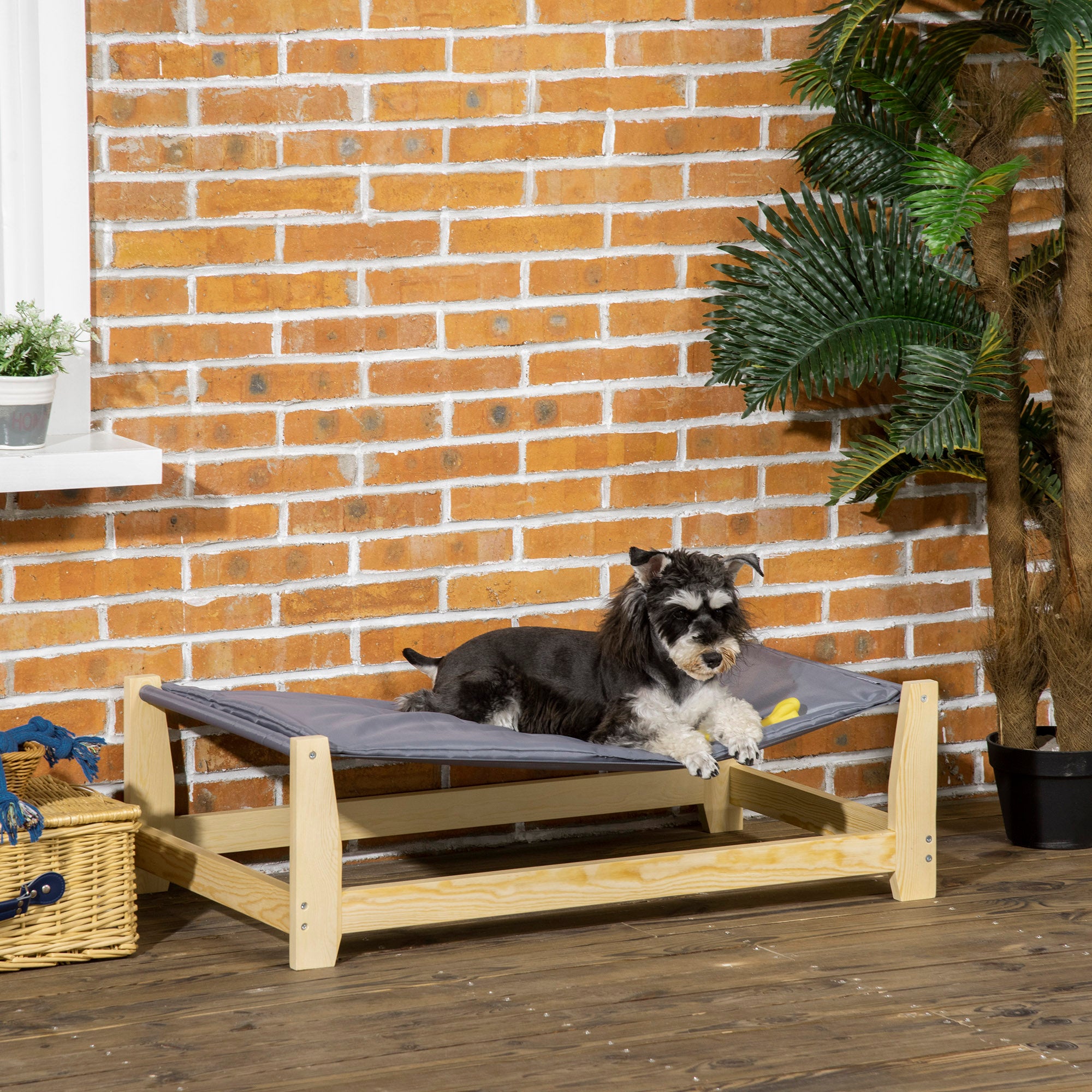 PawHut Raised Dog Bed with Washable Cushion, Elevated Pet Bed for Small & Medium Sized Dog Cat, Pine Wood Frame, 35.5" x 20" x 11"