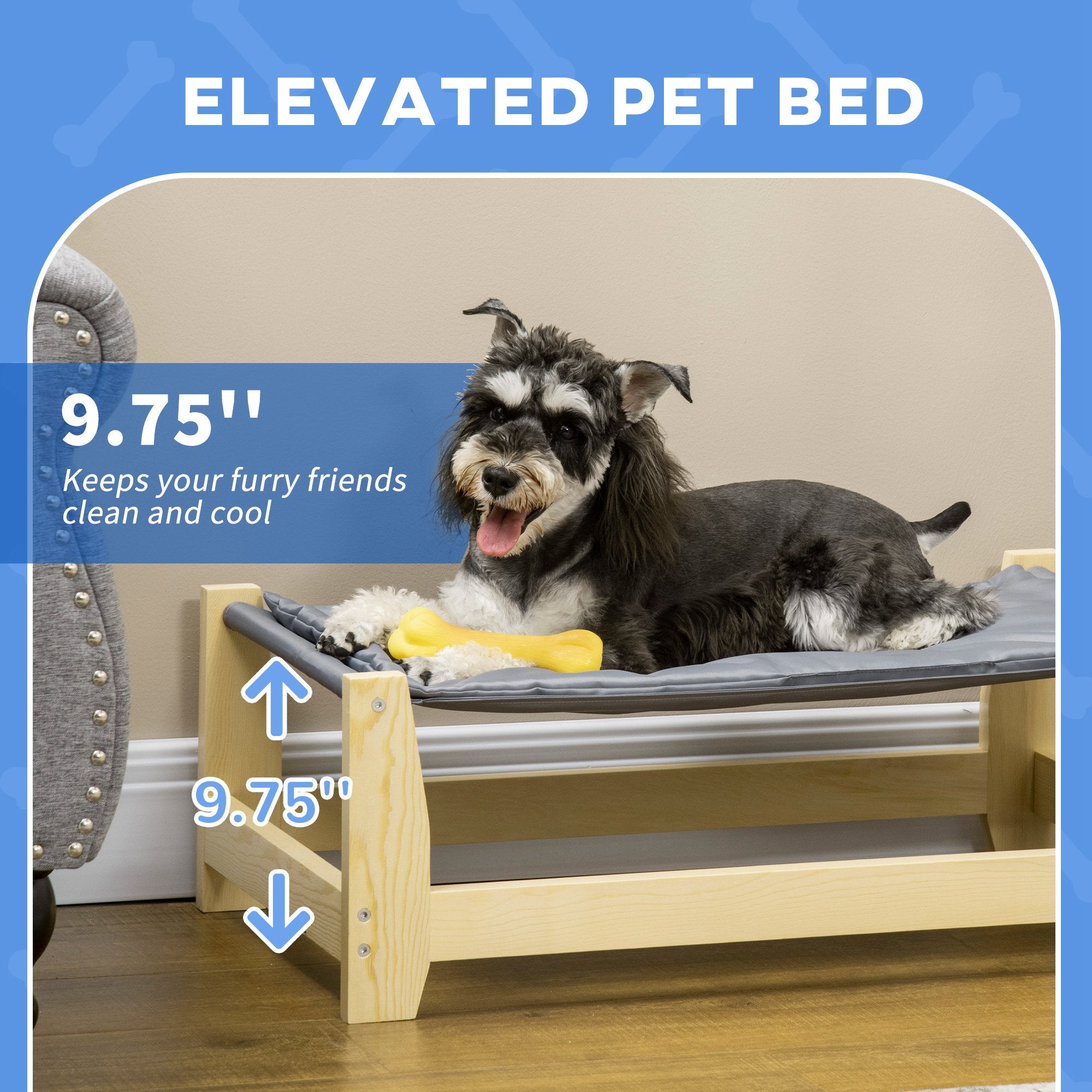 PawHut Raised Dog Bed with Washable Cushion, Elevated Pet Bed for Small & Medium Sized Dog Cat, Pine Wood Frame, 35.5" x 20" x 11"