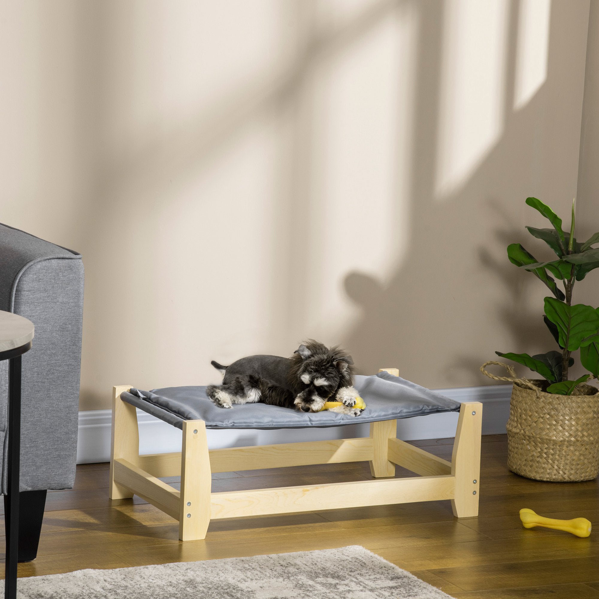 PawHut Raised Dog Bed with Washable Cushion, Elevated Pet Bed for Small & Medium Sized Dog Cat, Pine Wood Frame, 35.5" x 20" x 11"