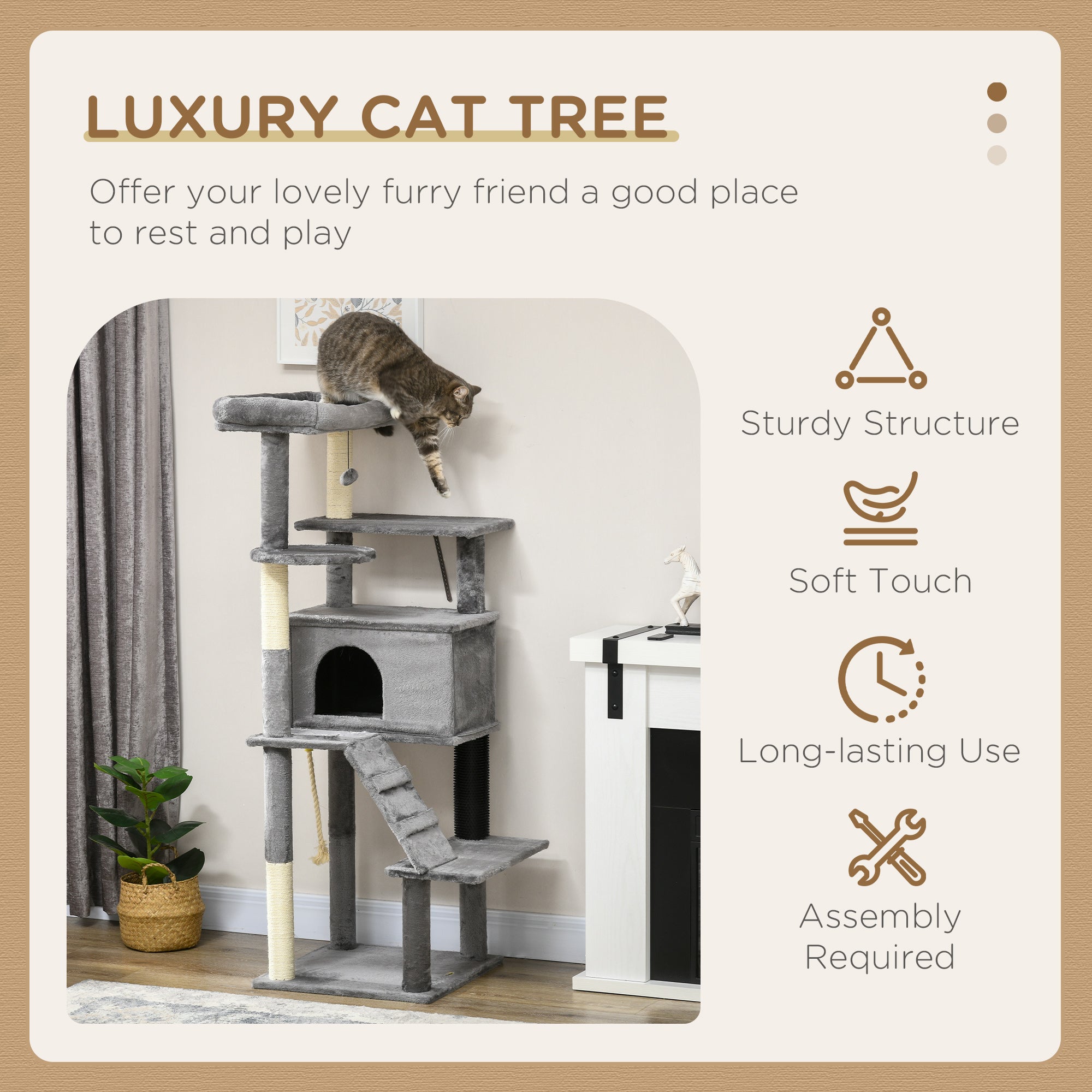PawHut Cat Tree for Large Cats Adult, 58" Tall Cat Tree with Scratching Posts, Large Cat Tower for Indoor Cats with Bed, House, Toys, Grey