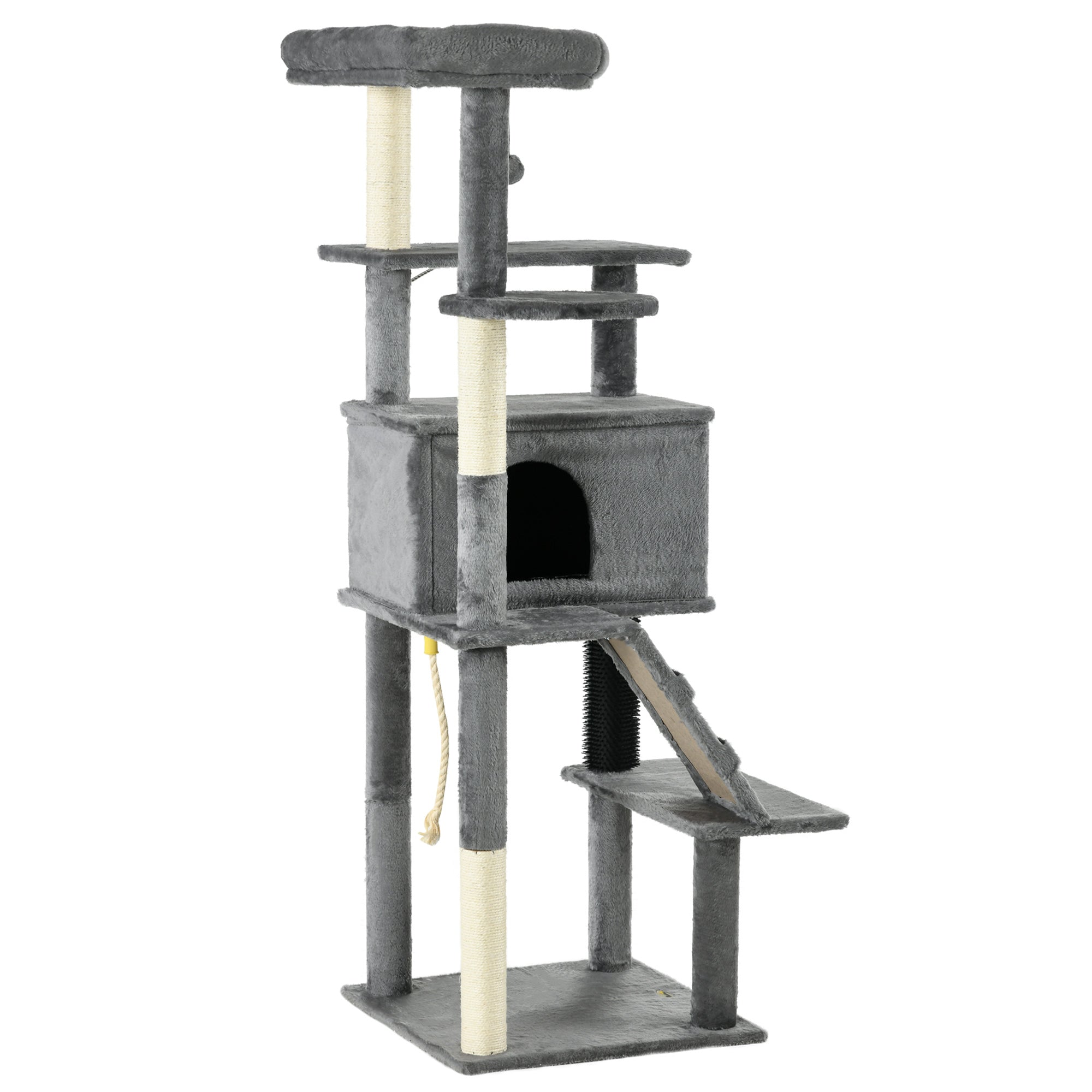 PawHut 148cm Cat Tree for Indoor Cats with Scratching Post, Cat Tower for Two Cats, with Cat House, Bed, Toy, Grey