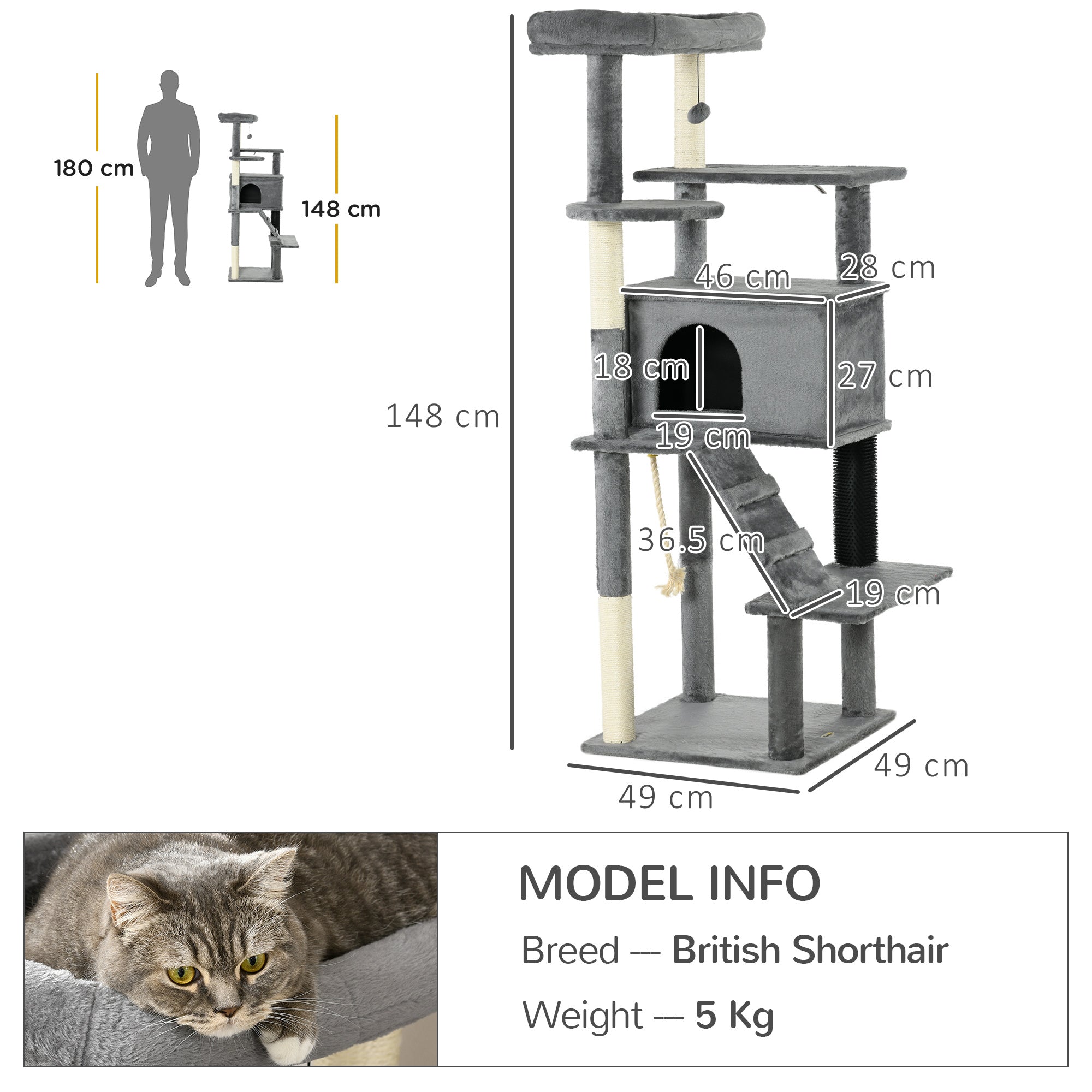 PawHut 148cm Cat Tree for Indoor Cats with Scratching Post, Cat Tower for Two Cats, with Cat House, Bed, Toy, Grey