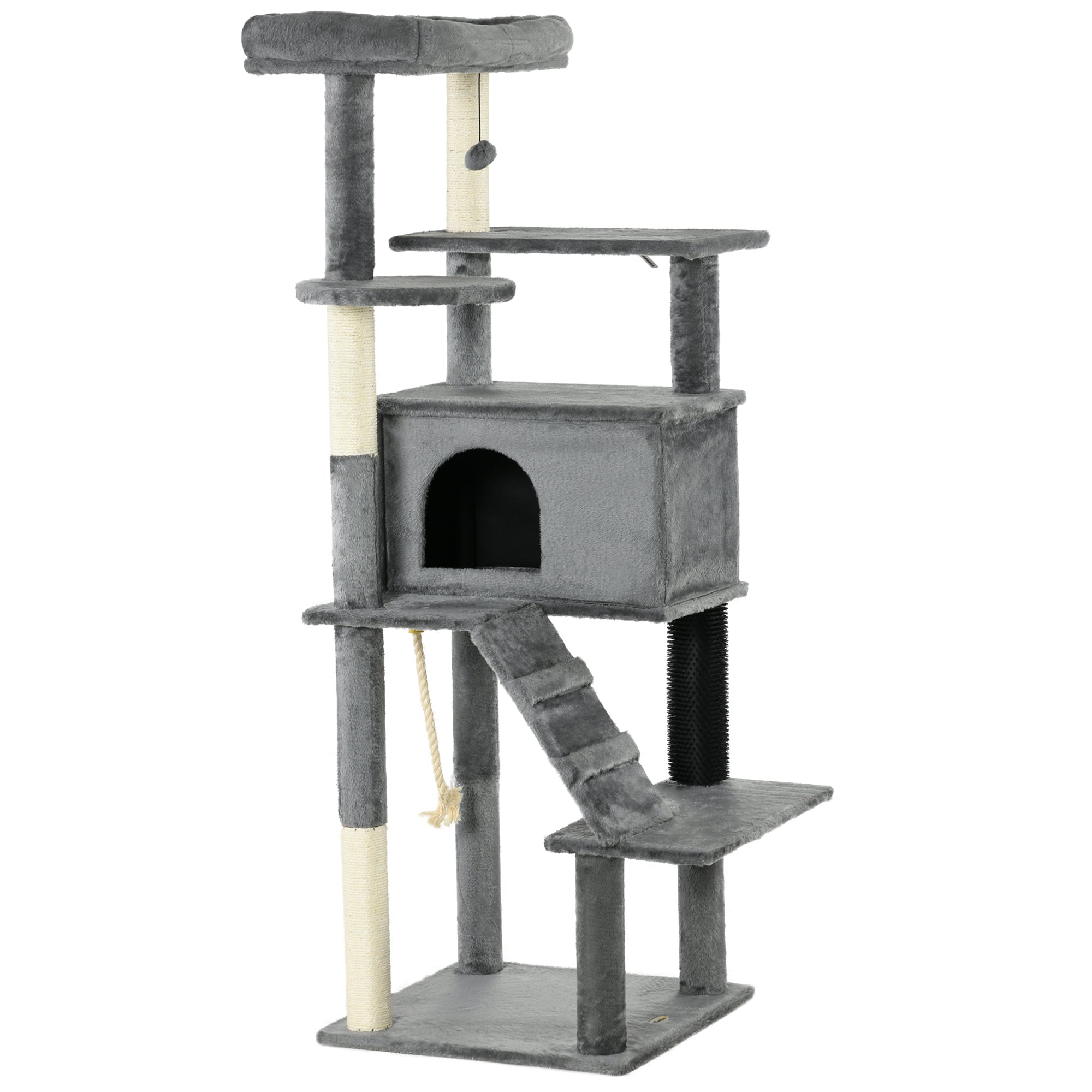 PawHut 148cm Cat Tree for Indoor Cats with Scratching Post, Cat Tower for Two Cats, with Cat House, Bed, Toy, Grey