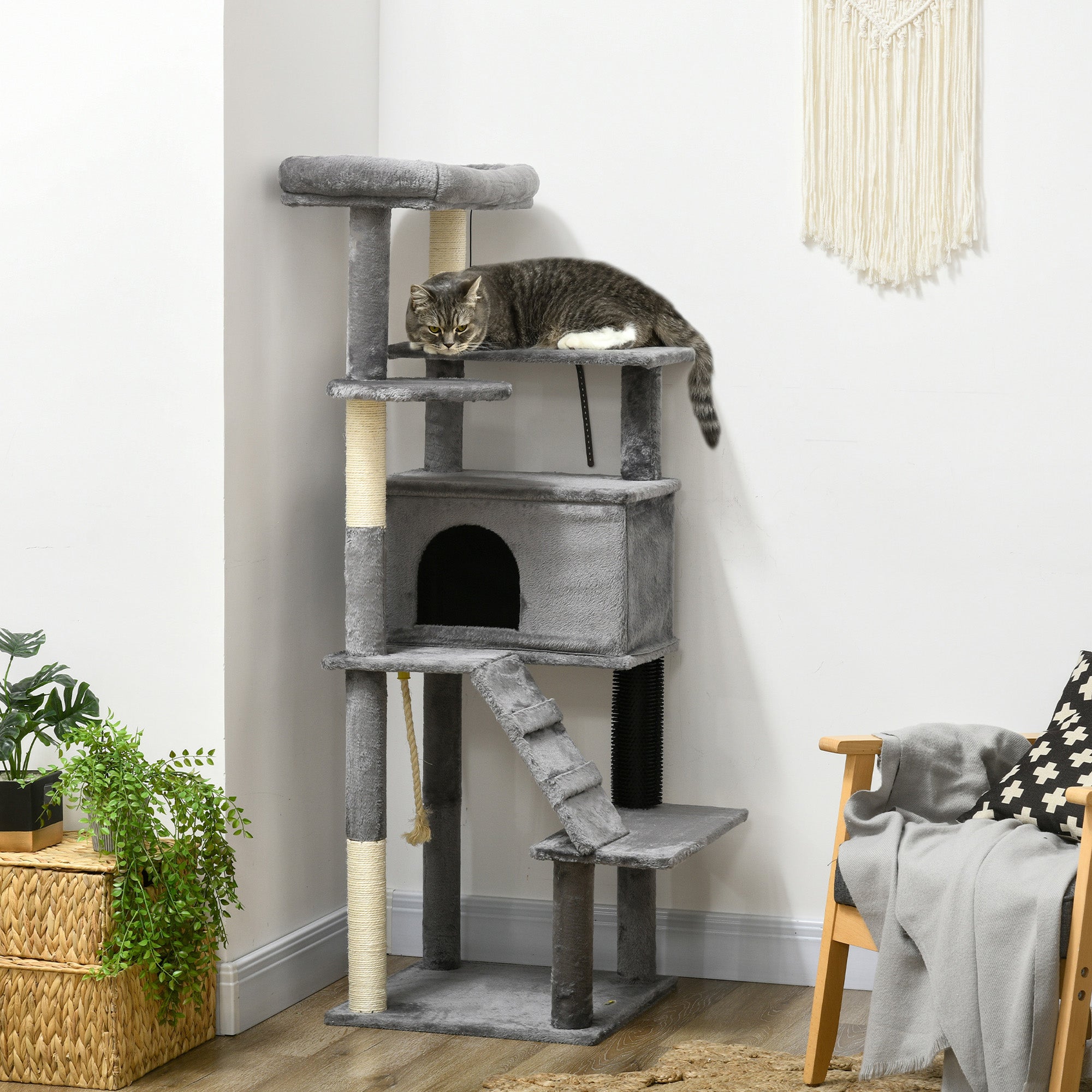 PawHut 148cm Cat Tree for Indoor Cats with Scratching Post, Cat Tower for Two Cats, with Cat House, Bed, Toy, Grey