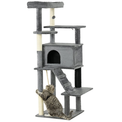 PawHut Cat Tree for Large Cats Adult, 58" Tall Cat Tree with Scratching Posts, Large Cat Tower for Indoor Cats with Bed, House, Toys, Grey