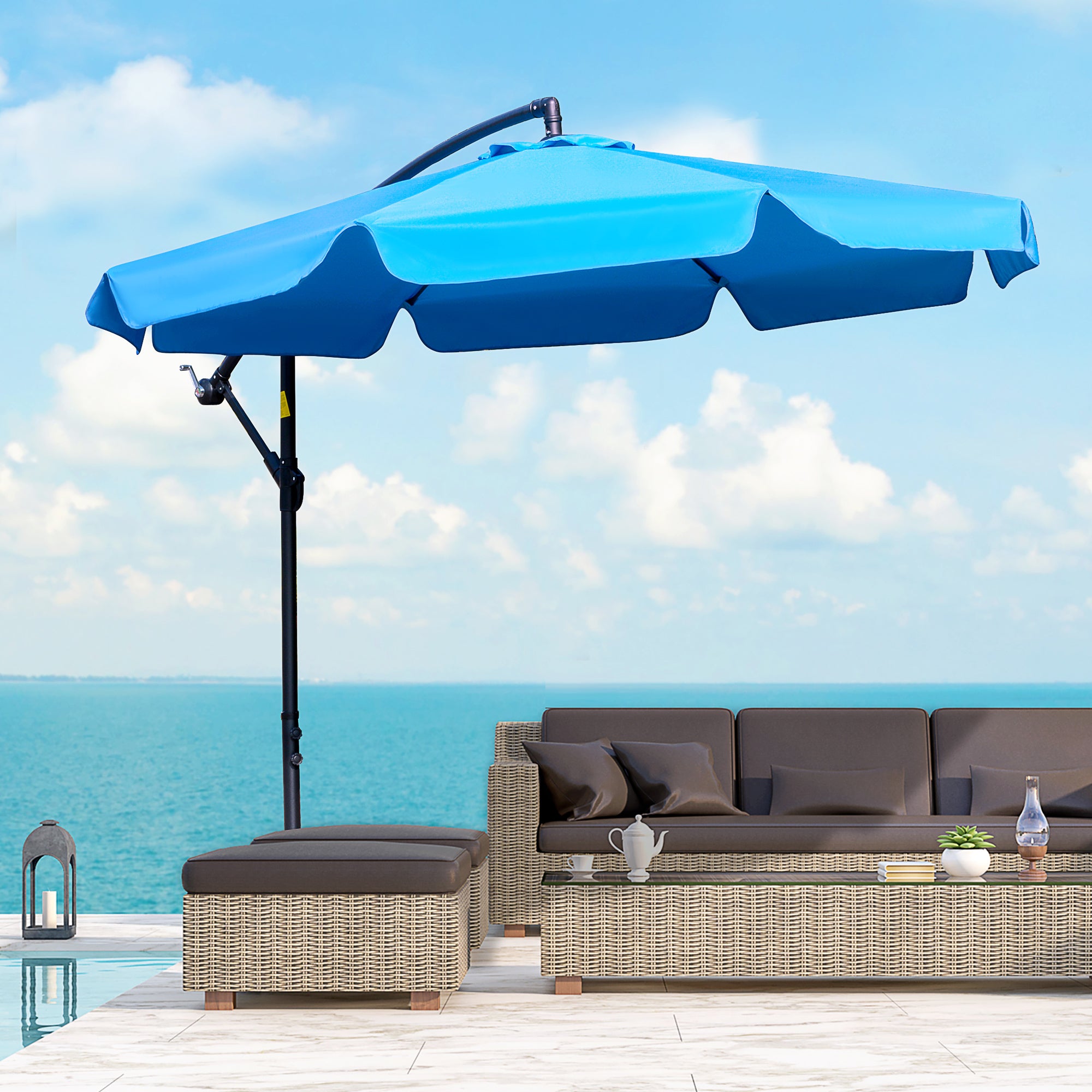 Outsunny 9FT Offset Hanging Patio Umbrella Cantilever Umbrella with Easy Tilt Adjustment, Cross Base and 8 Ribs for Backyard, Poolside, Lawn and Garden, Blue