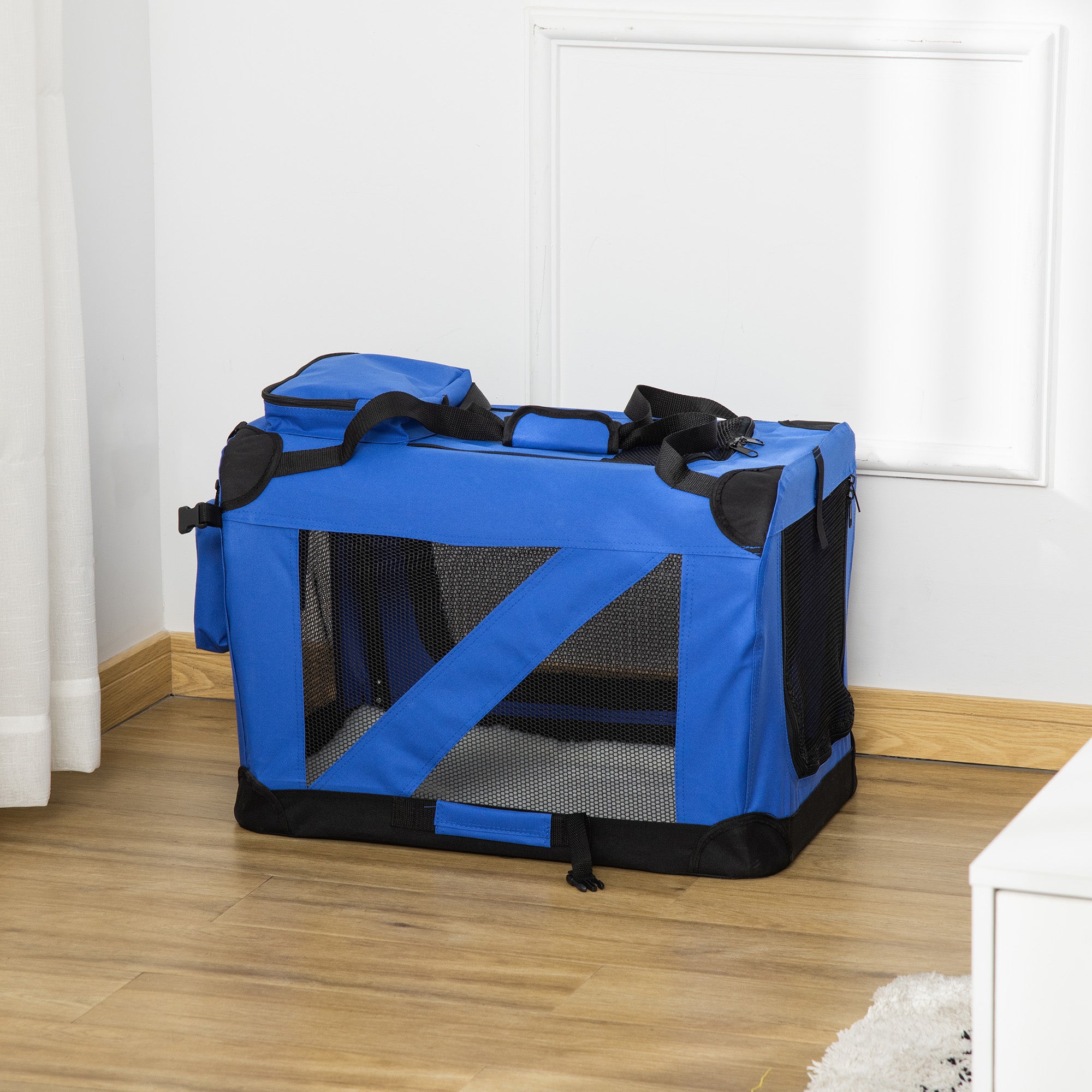 PawHut Foldable Pet Carrier for Small and Miniature Dogs, Portable Cat Carrier Soft Side Pet Travel Crate with Removable Mat, Storage Bags, Breathable Mesh Window 60 x 42 x 42cm - Blue