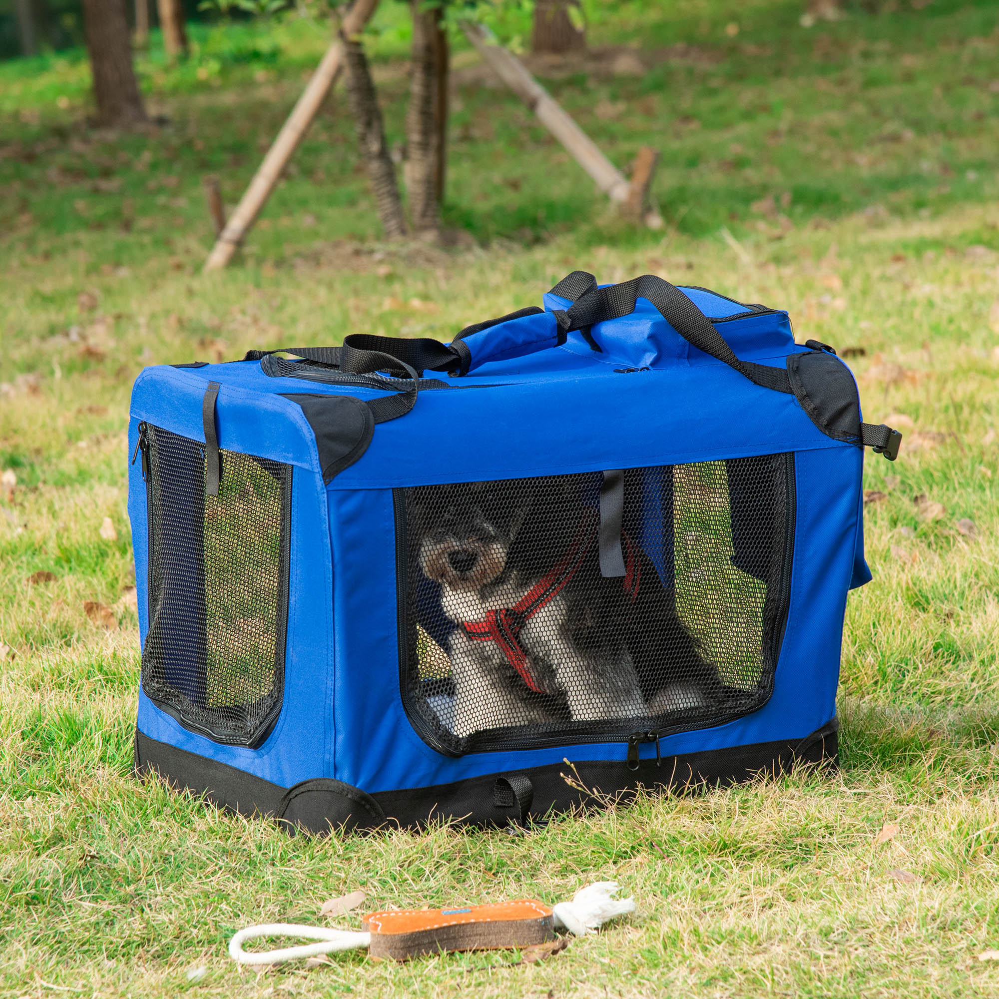 PawHut Foldable Pet Carrier for Small and Miniature Dogs, Portable Cat Carrier Soft Side Pet Travel Crate with Removable Mat, Storage Bags, Breathable Mesh Window 60 x 42 x 42cm - Blue