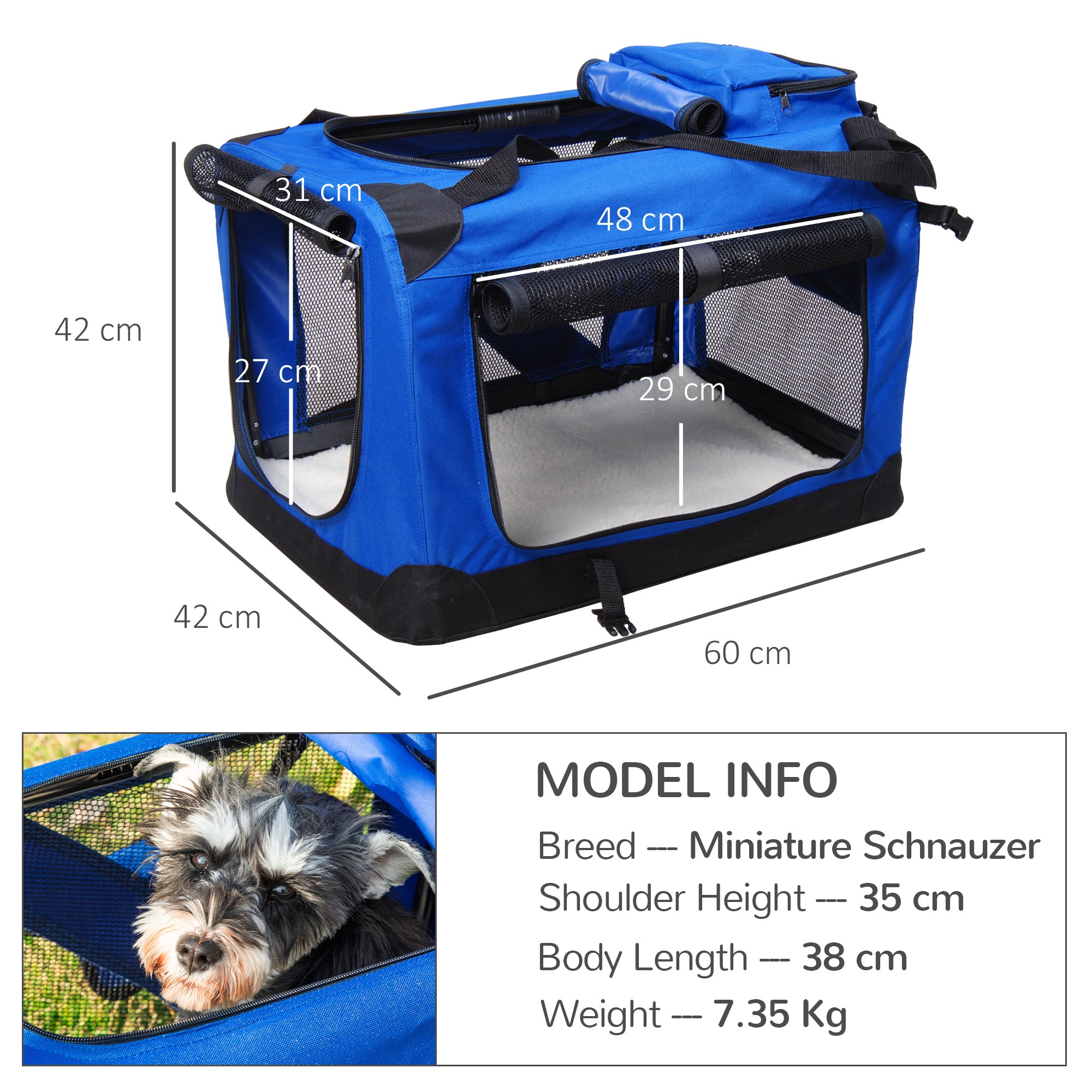 PawHut Foldable Pet Carrier for Small and Miniature Dogs, Portable Cat Carrier Soft Side Pet Travel Crate with Removable Mat, Storage Bags, Breathable Mesh Window 60 x 42 x 42cm - Blue