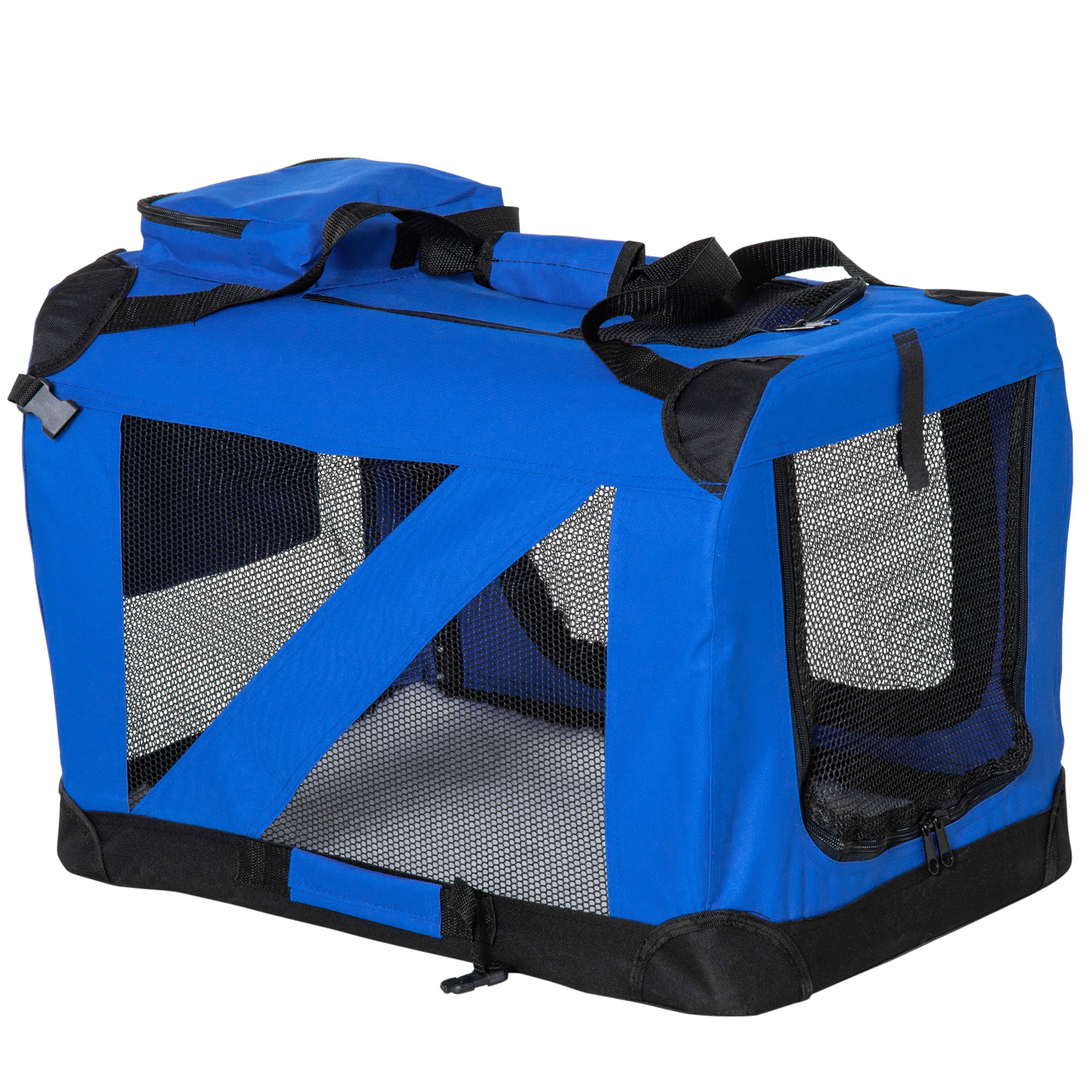 PawHut Foldable Pet Carrier for Small and Miniature Dogs, Portable Cat Carrier Soft Side Pet Travel Crate with Removable Mat, Storage Bags, Breathable Mesh Window 60 x 42 x 42cm - Blue