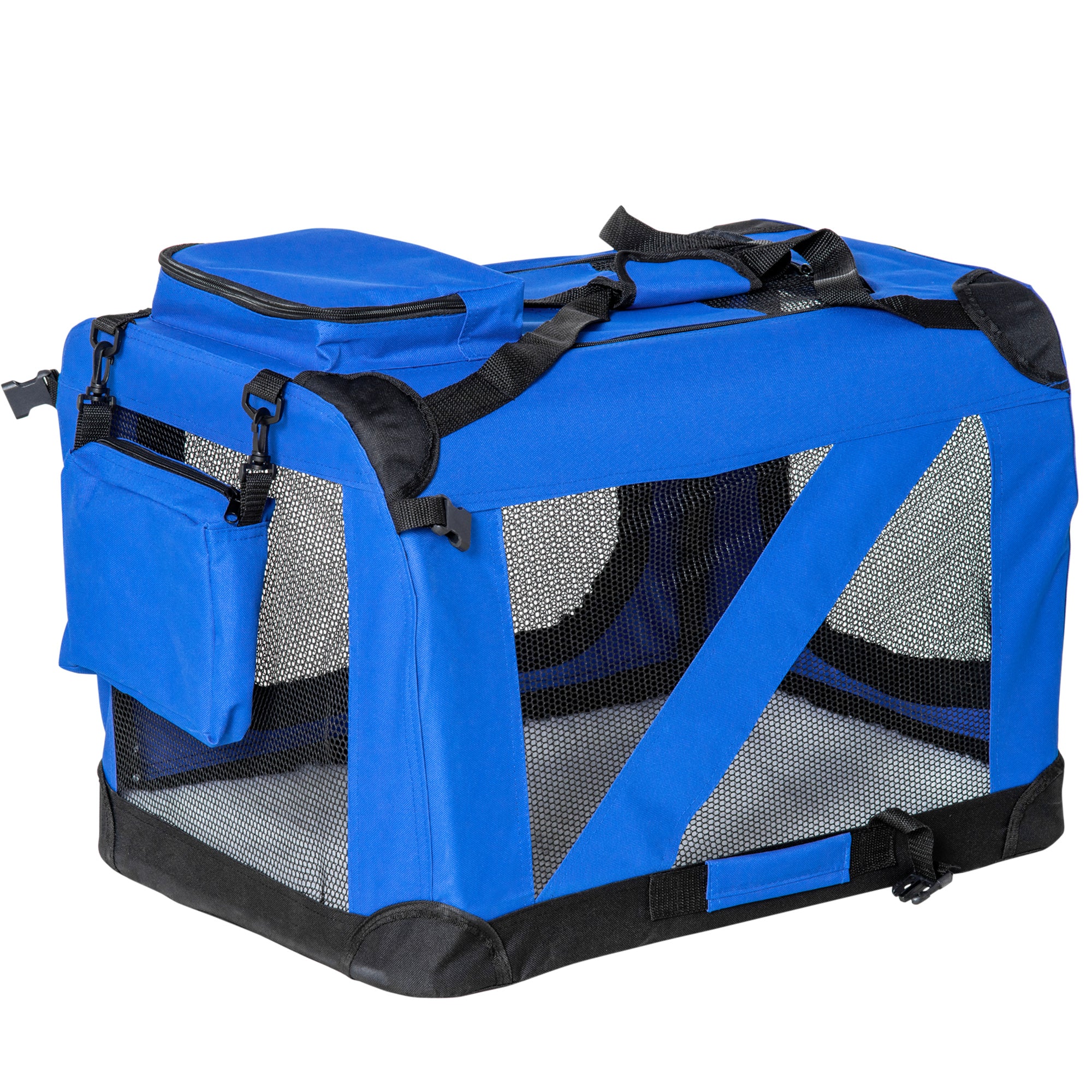 PawHut Foldable Pet Carrier for Small and Miniature Dogs, Portable Cat Carrier Soft Side Pet Travel Crate with Removable Mat, Storage Bags, Breathable Mesh Window 60 x 42 x 42cm - Blue